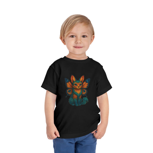 Mashafrica kids clothes black t shirt with colorful fox butterfly graphic worn by smiling toddler