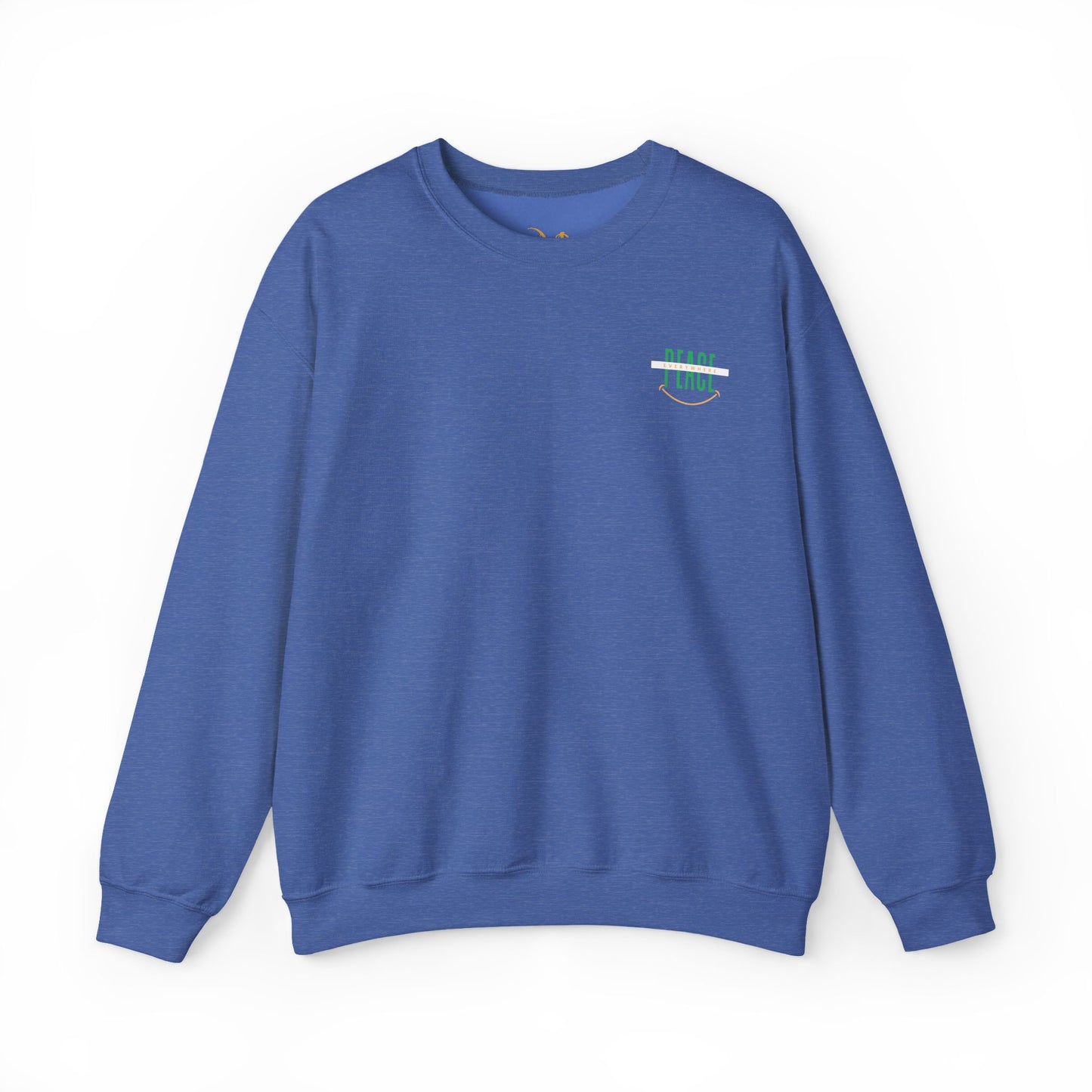Mashafrica blue crewneck sweatshirt with small green and white chest graphic reading peace casual long sleeve