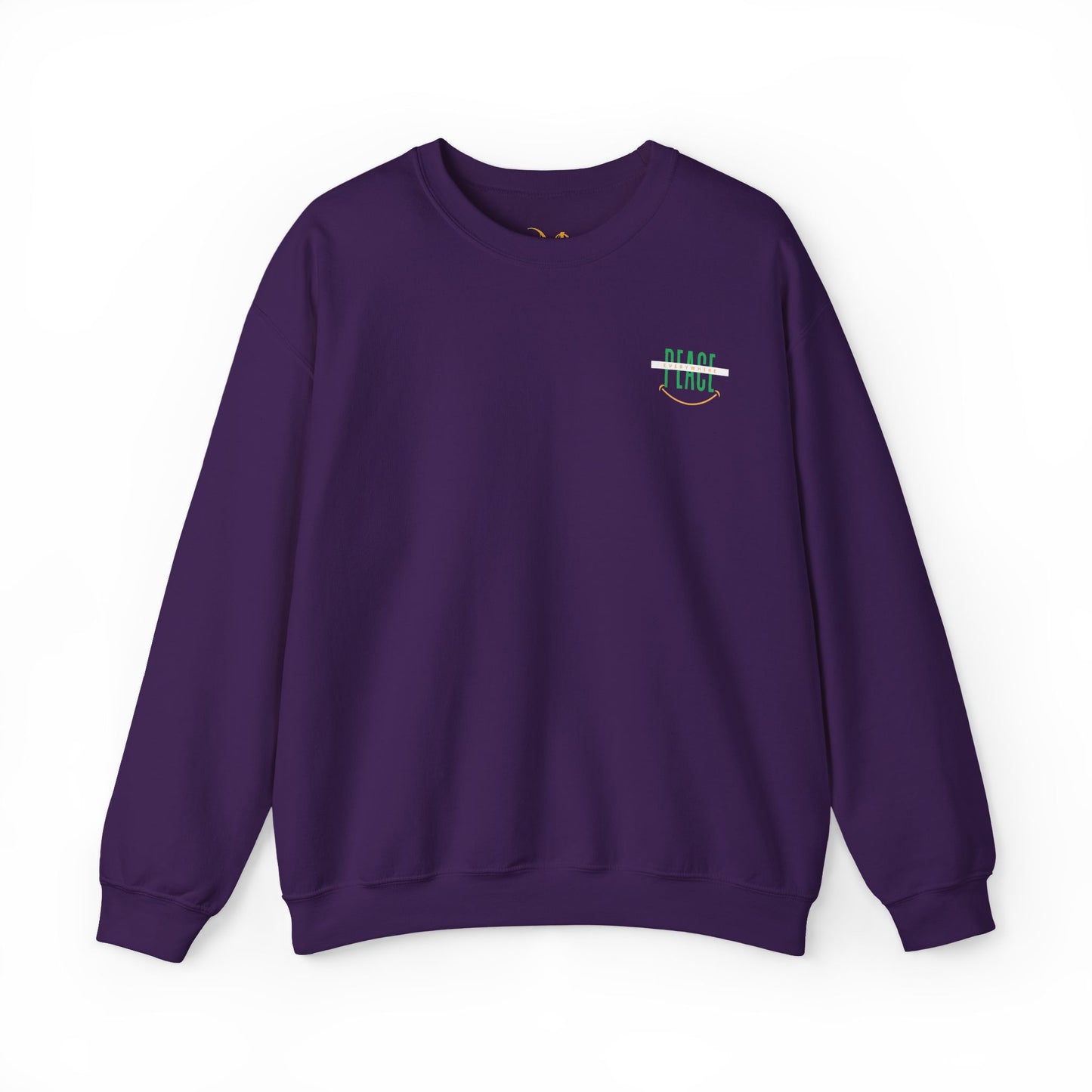 Mashafrica purple crewneck sweatshirt with small green and white peace logo on left chest cozy cotton blend