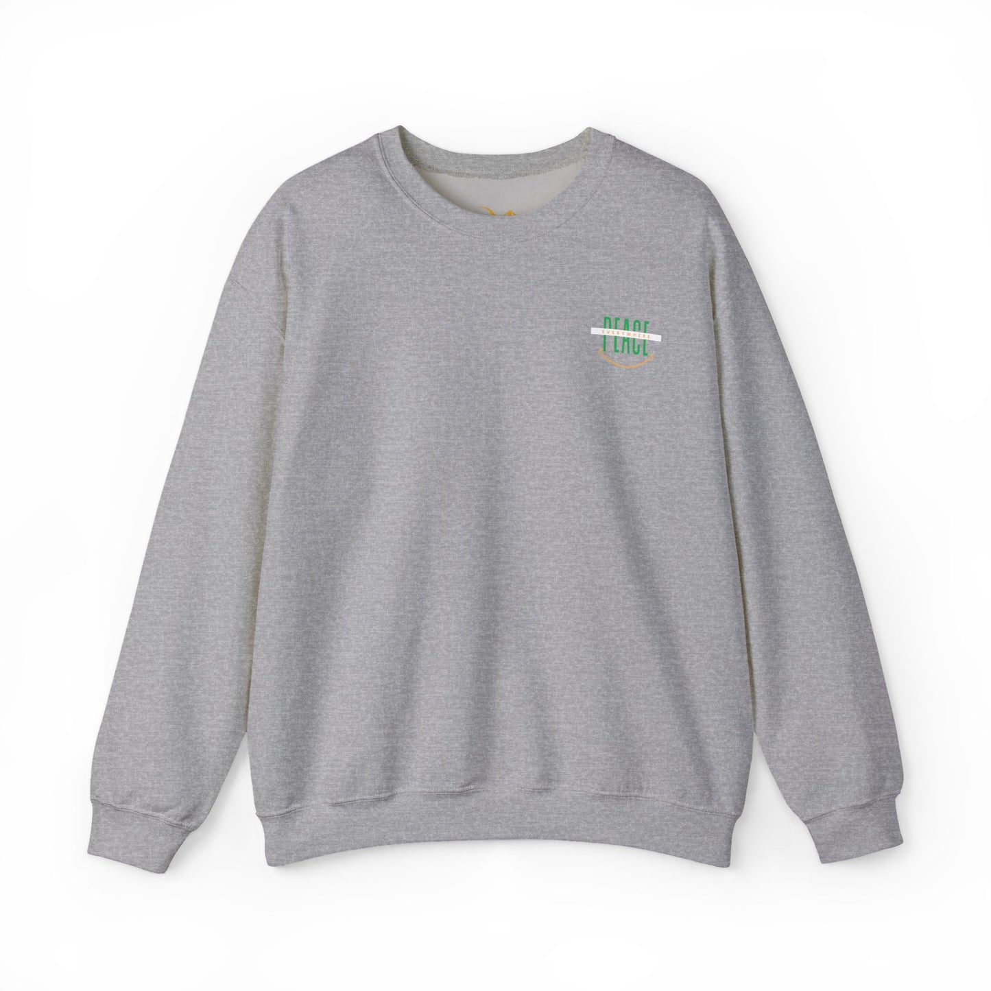 Mashafrica grey crewneck sweatshirt with small green peace logo on left chest casual pullover