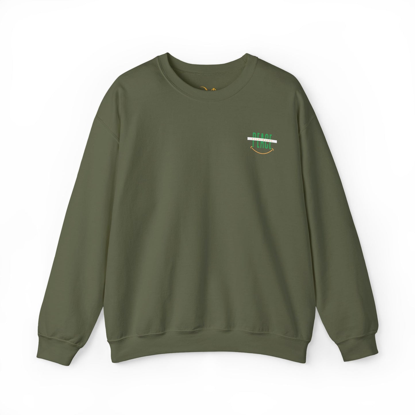 Mashafrica olive green crewneck sweatshirt with small chest peace graphic and ribbed cuffs