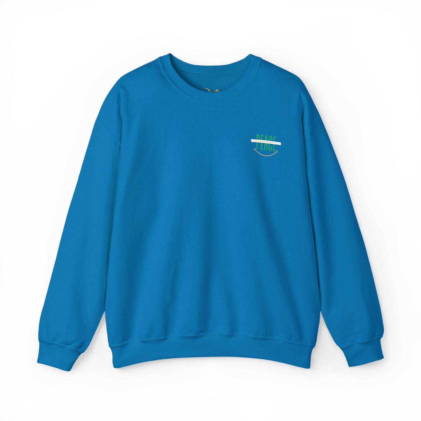 Mashafrica blue crewneck sweatshirt with small peace emblem on chest casual cotton blend pullover