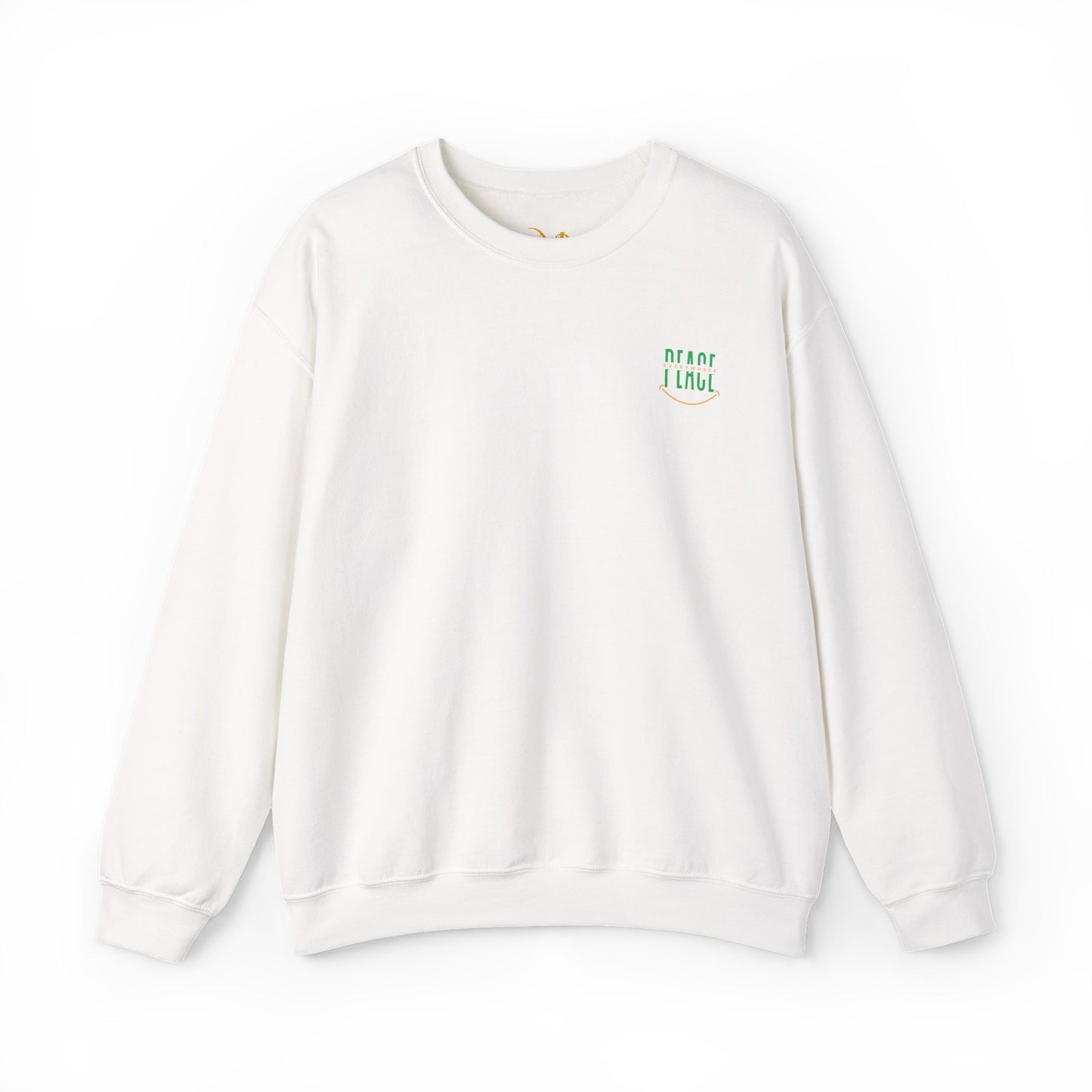 Mashafrica white crewneck sweatshirt with small green peace logo on left chest soft cotton unisex