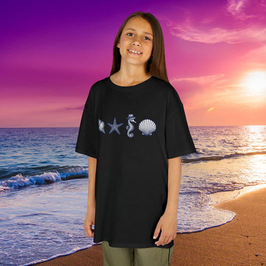 Mashafrica kids marine t shirt black with seashell starfish and seahorse print on child at beach