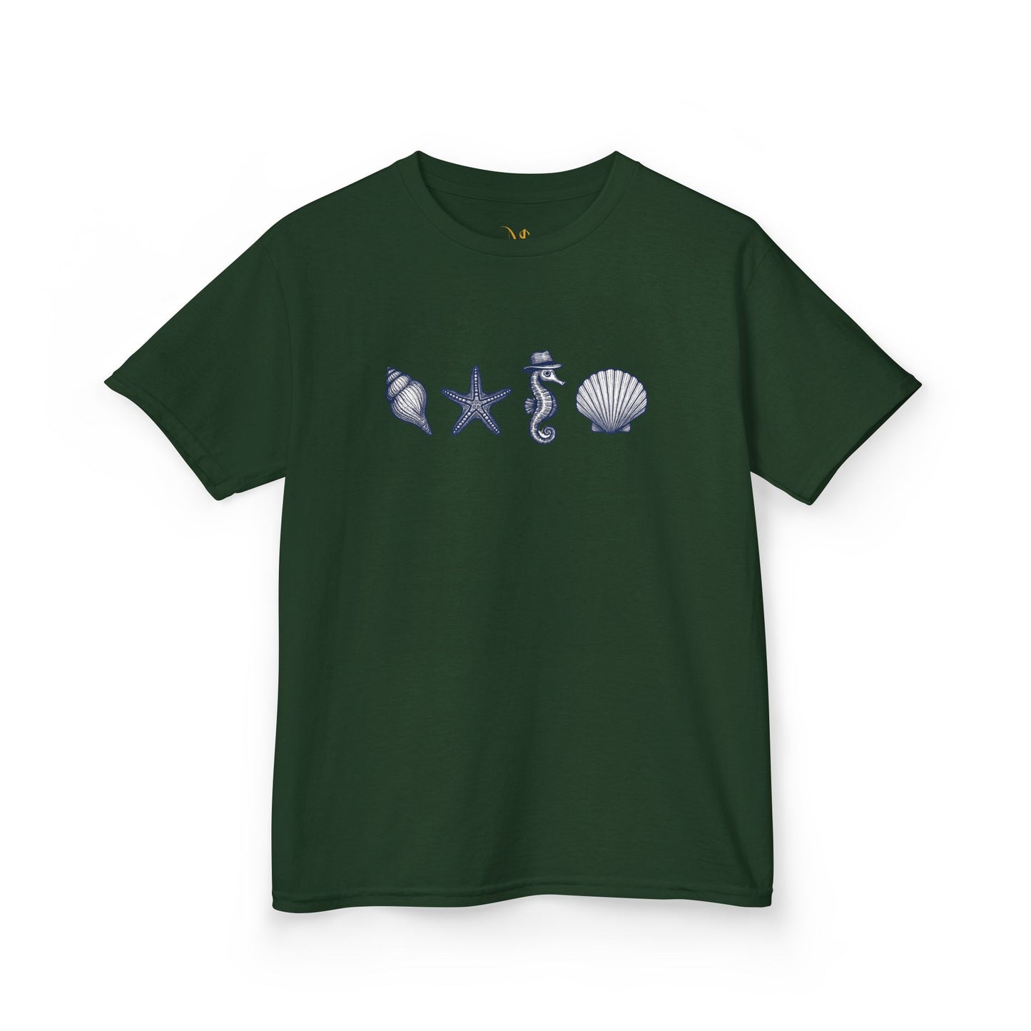 Mashafrica kids green t shirt with marine shell starfish seahorse icons for casual summer wear