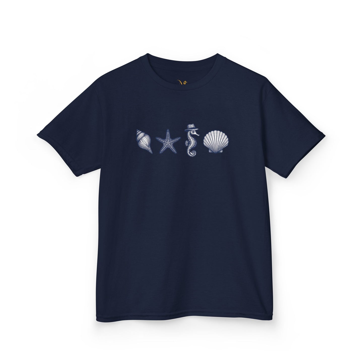 Mashafrica kids navy t shirt marine design with seashell starfish and seahorse prints for play