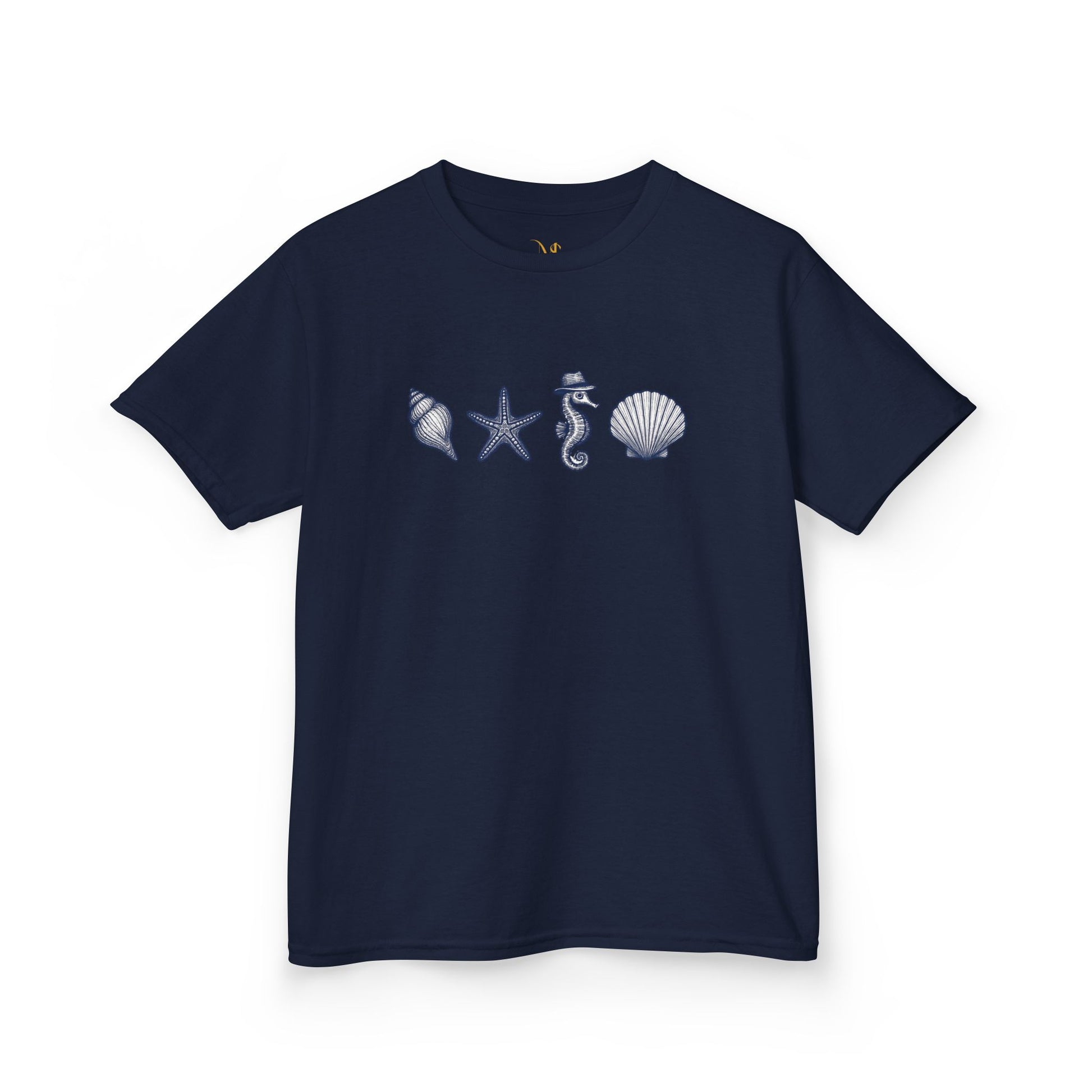 Mashafrica kids navy t shirt marine design with seashell starfish and seahorse prints for play