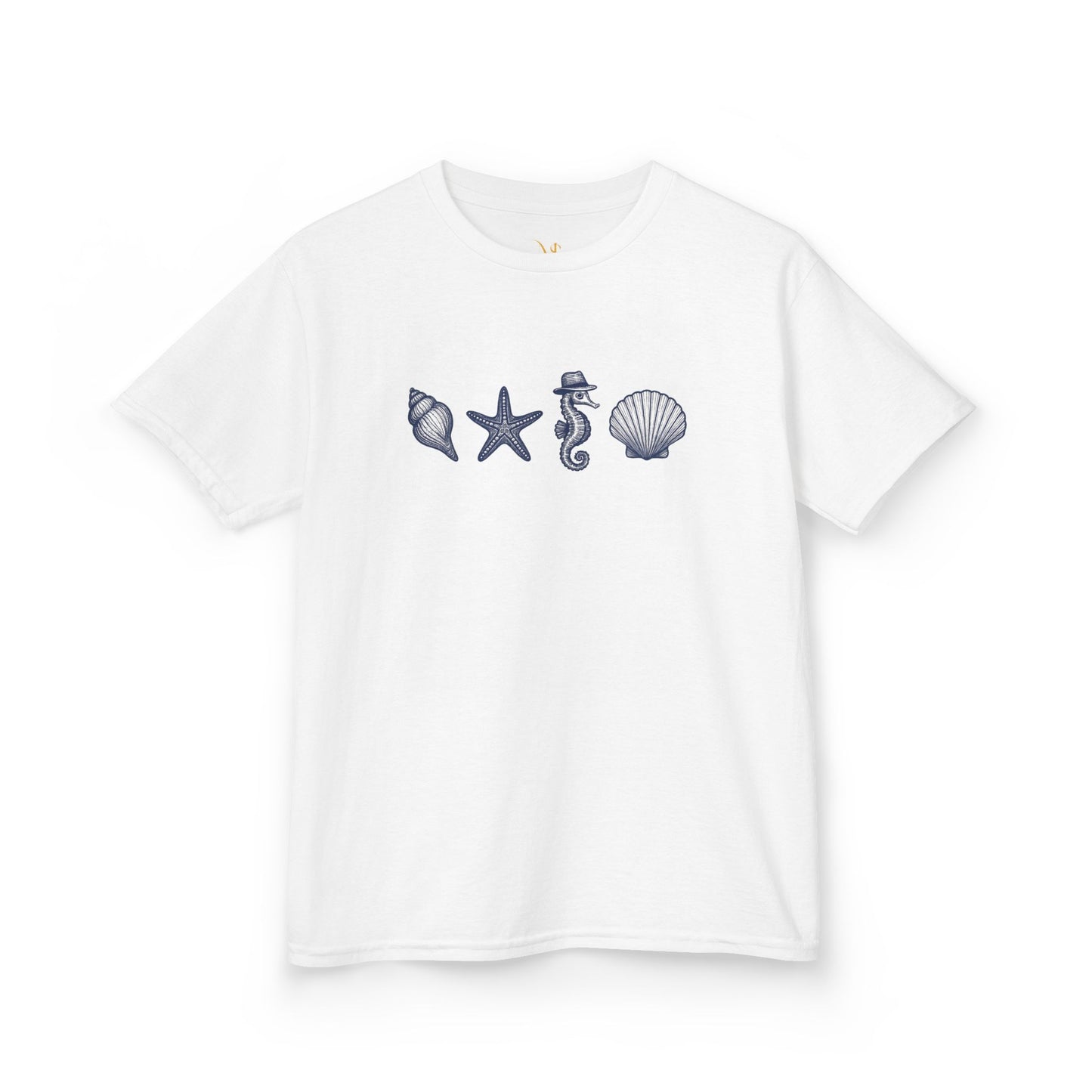 Mashafrica kids white T shirt with navy marine icons seahorse starfish and seashells