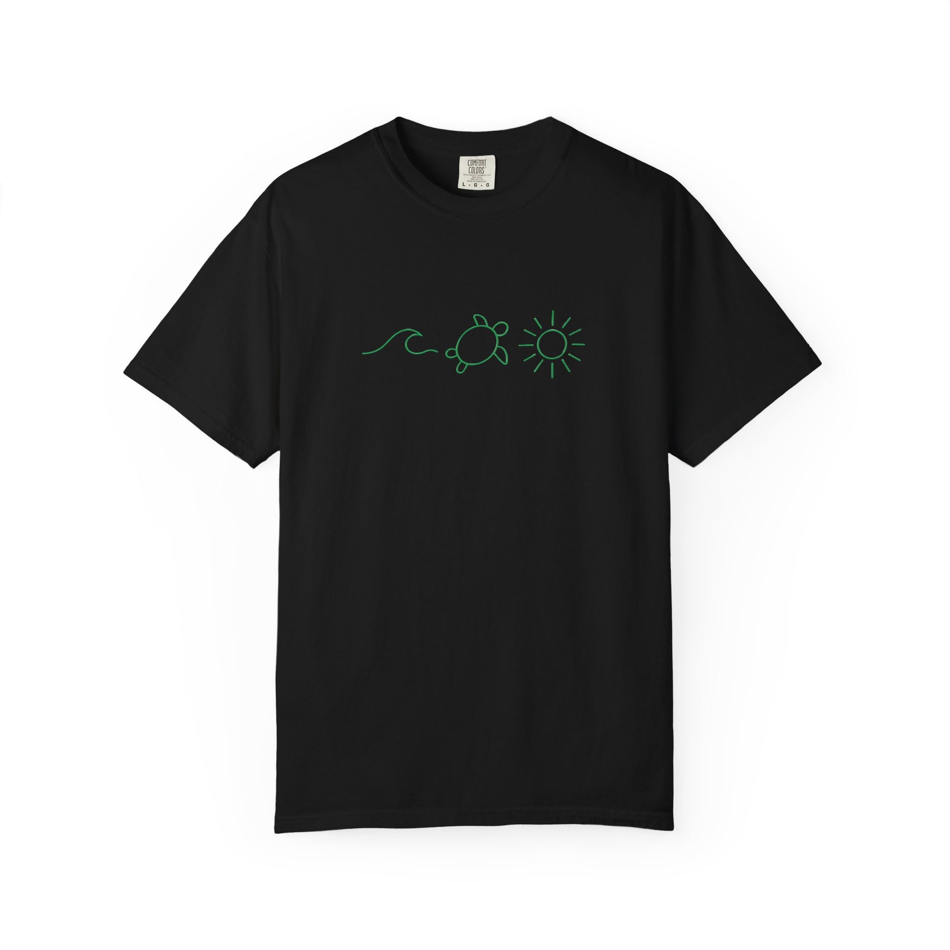 Mashafrica black T Shirt with green line art turtle waves and sun minimalist chest print