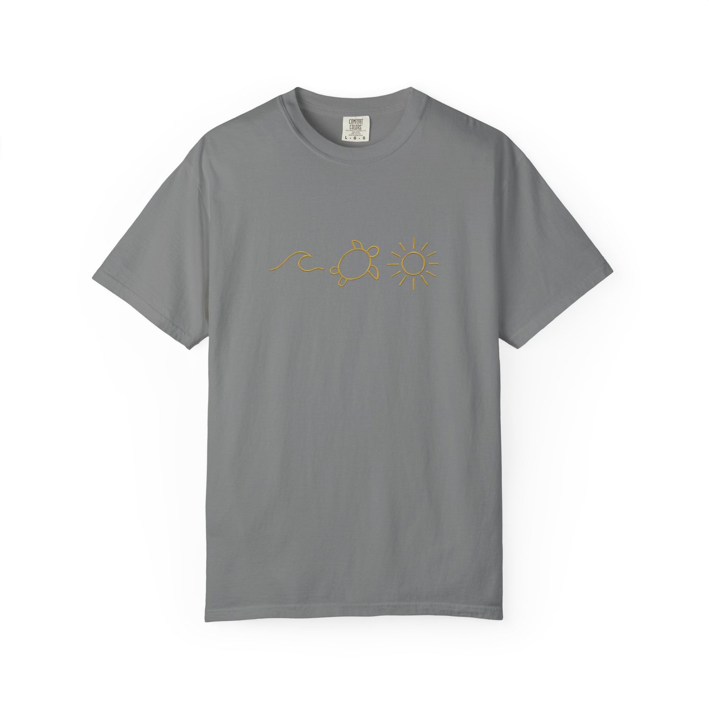 Mashafrica gray cotton t shirt with yellow line art wave turtle and sun graphic for casual beachwear
