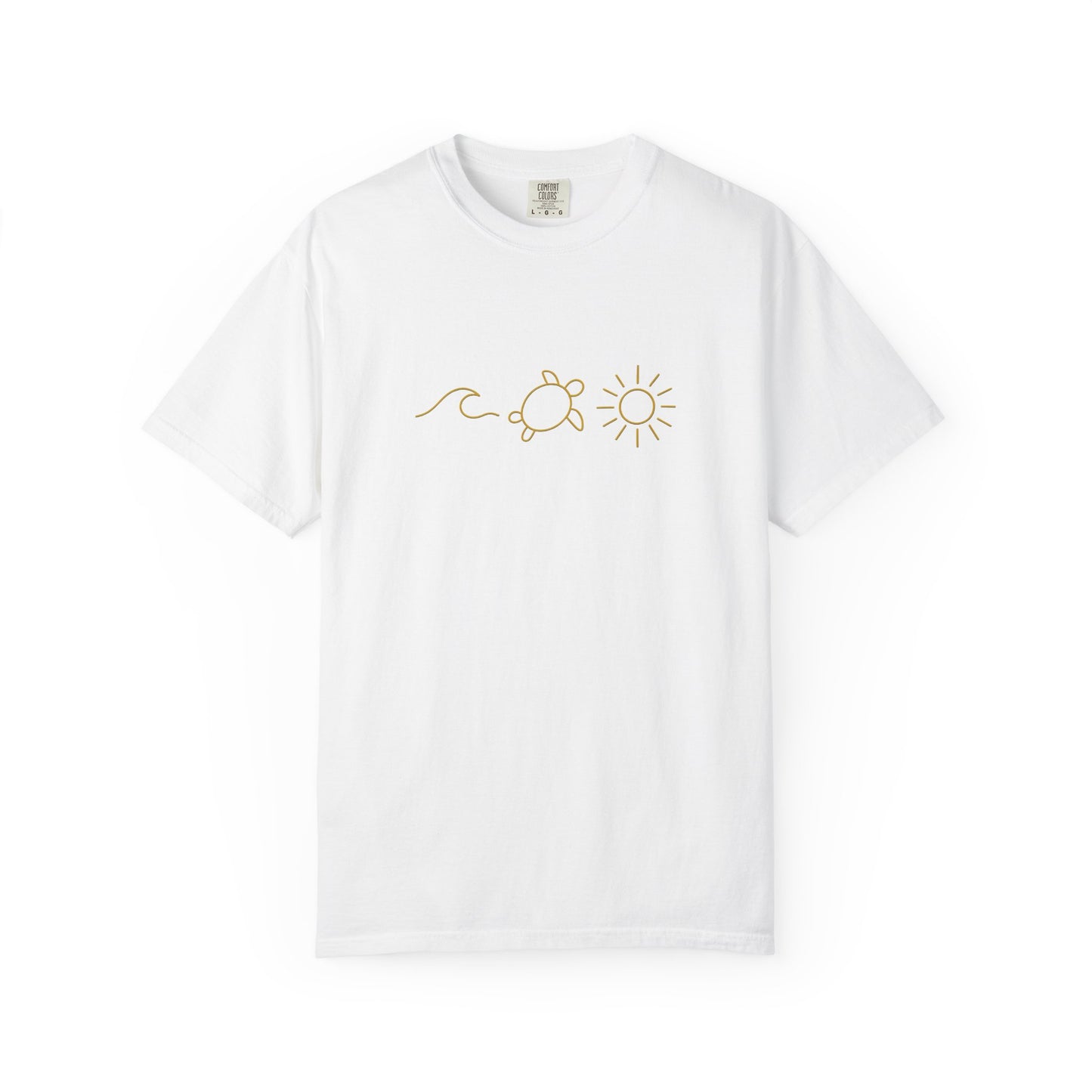 Mashafrica white T shirt with minimalist gold line art wave turtle and sun graphic centered on front