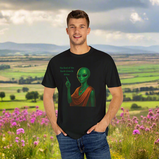 Mashafrica-style black T-shirt with green alien artwork and africa text on front
