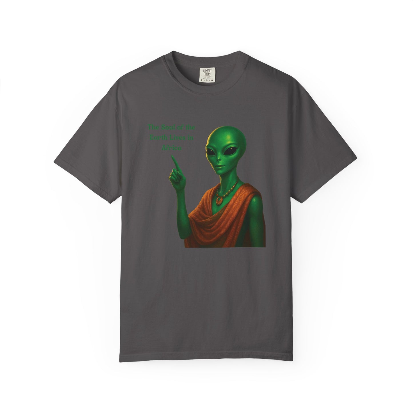 Mashafrica charcoal T shirt with green alien in orange robe pointing and small africa text graphic