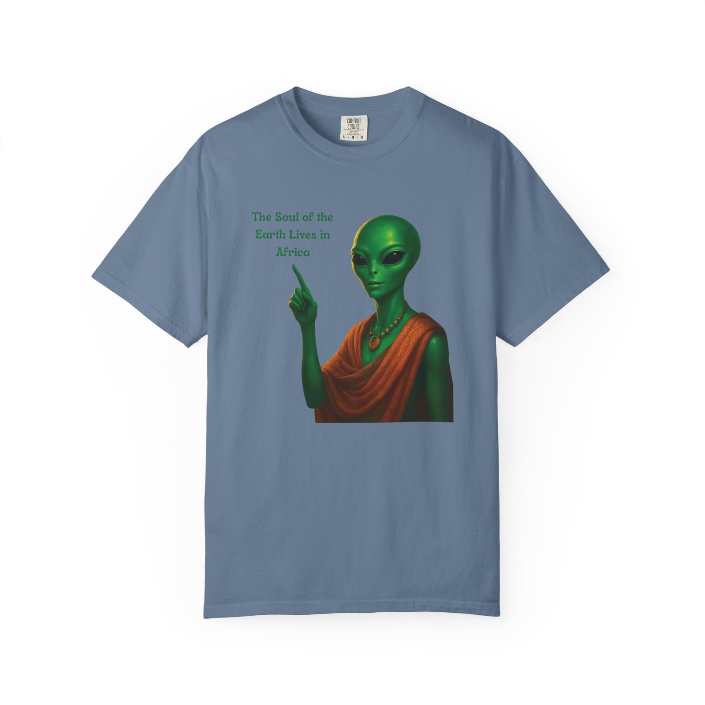 Mashafrica blue t shirt with green alien graphic wearing red drape pointing finger plus quote Soul of the Earth Lives in africa