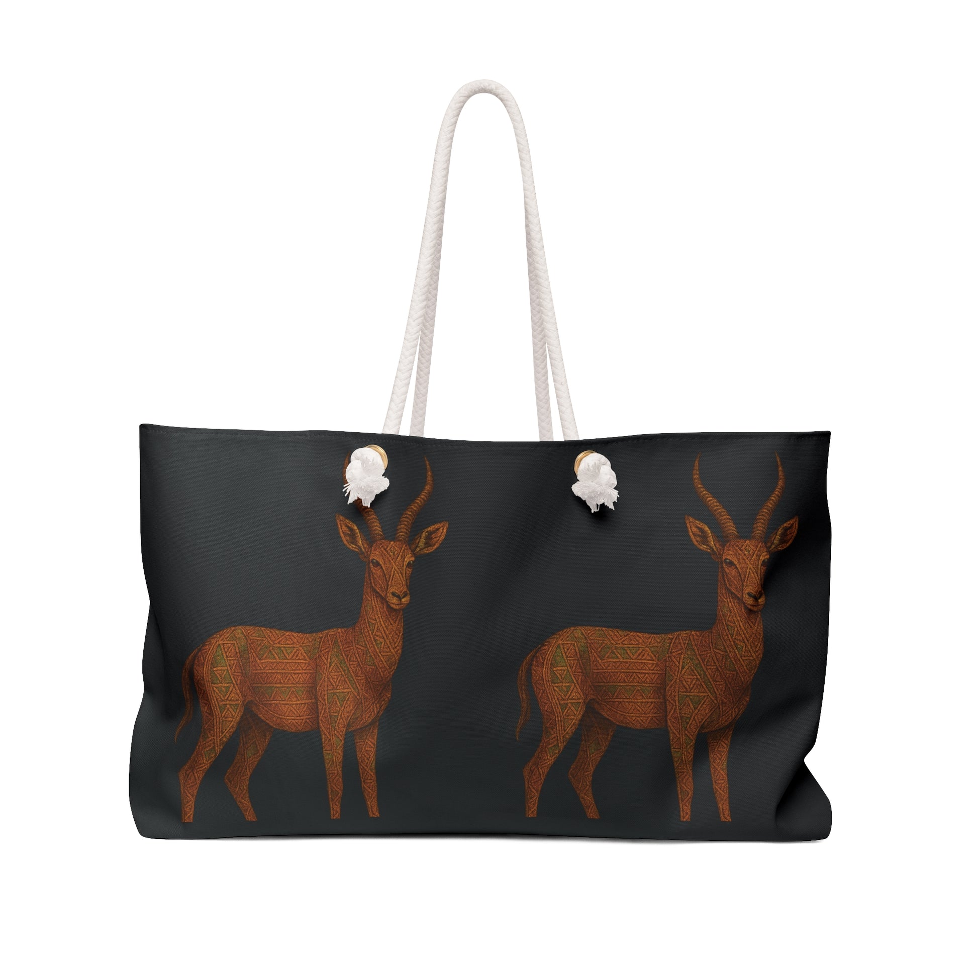 mashafrica black duffle bag featuring two brown antelope designs with white rope handles