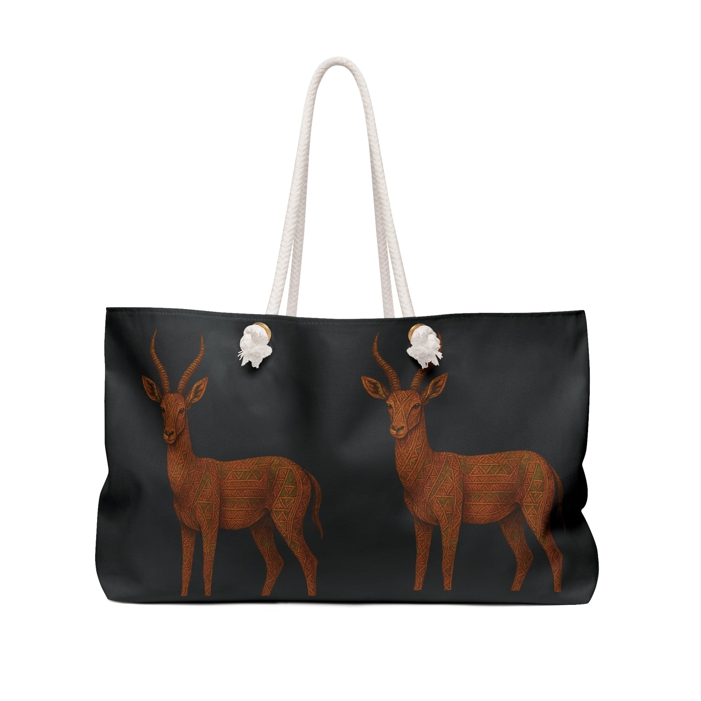 Black duffle bag with brown deer design and white rope handles by Printify