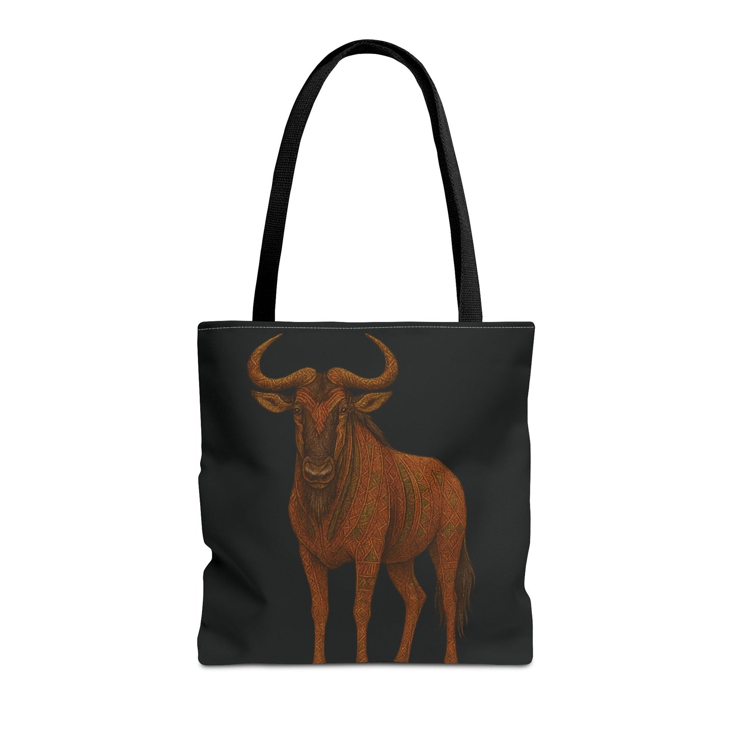 Mashafrica black tote bag with long handles featuring detailed orange wildebeest print for everyday use