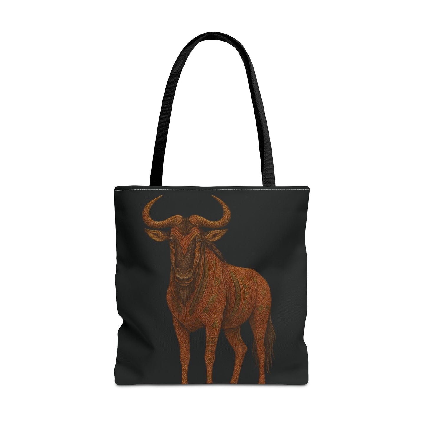 Mashafrica tote bag black canvas with detailed orange brown wildebeest artwork roomy everyday carry