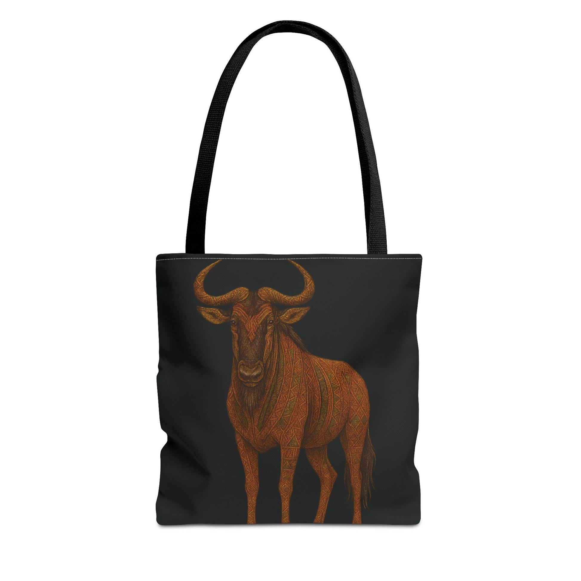 Mashafrica black tote bag with long straps featuring orange detailed wildebeest illustration for everyday use