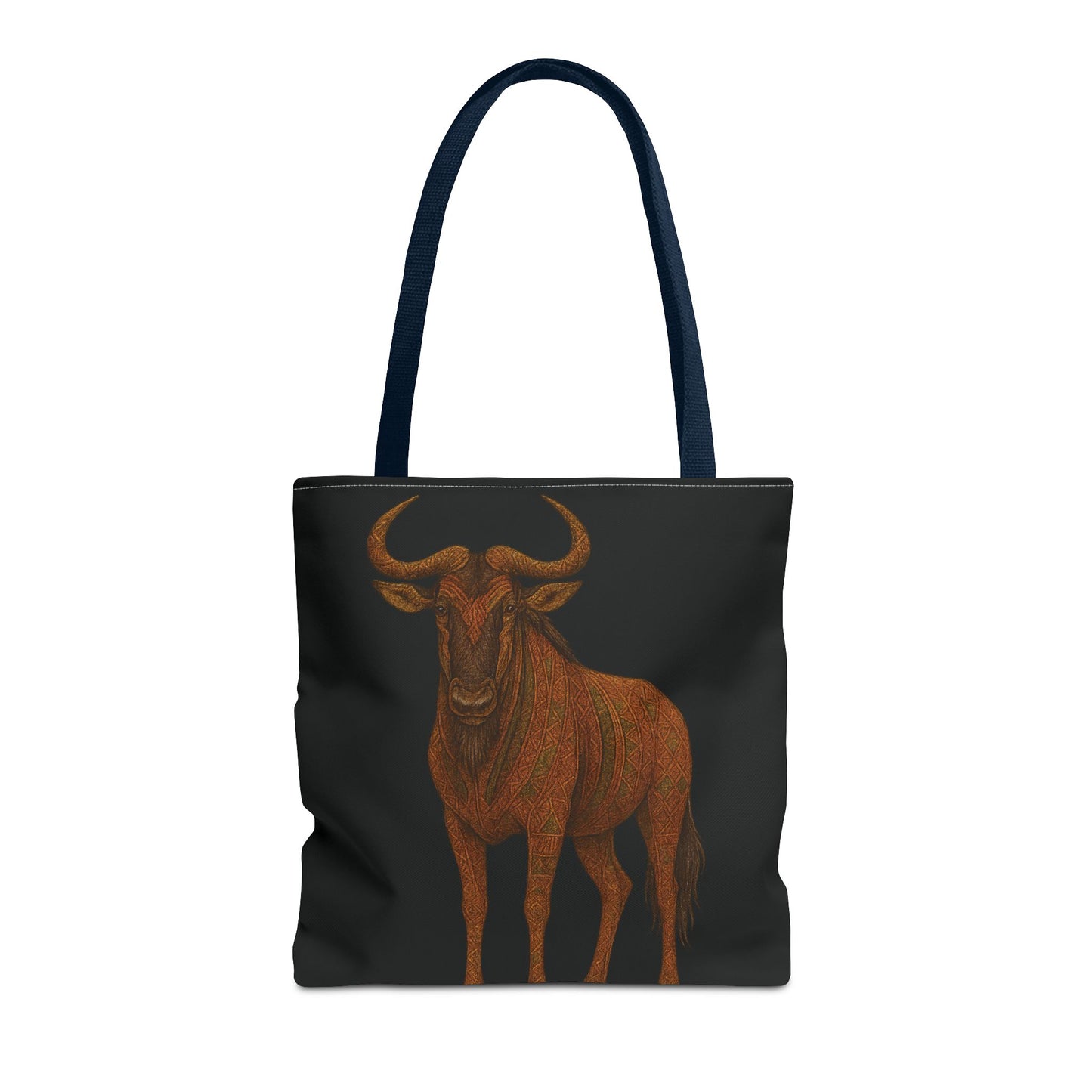 Mashafrica black tote bag with orange brown wildebeest illustration and long navy handles