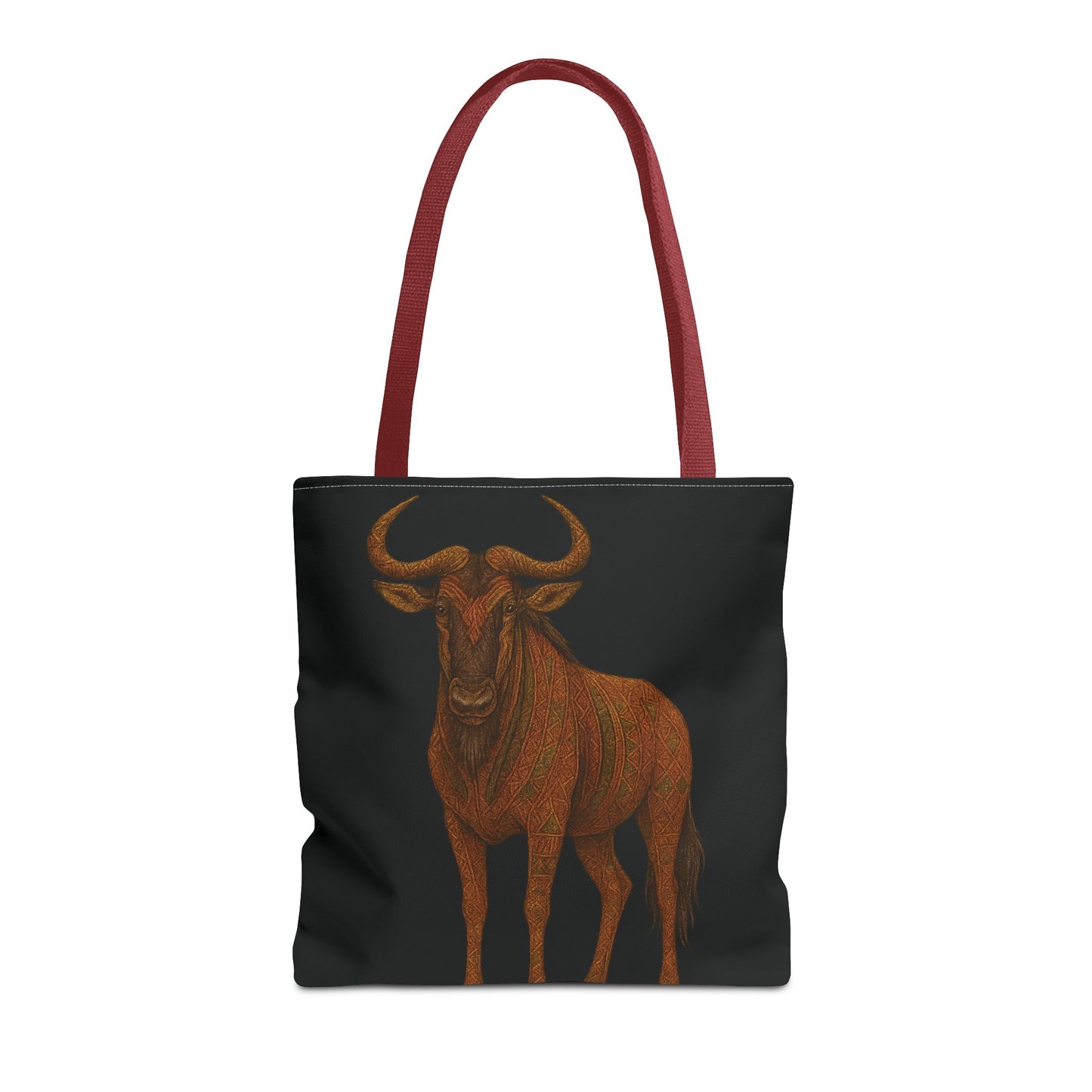 Mashafrica black tote bag with red handles featuring orange wildebeest illustration and roomy interior