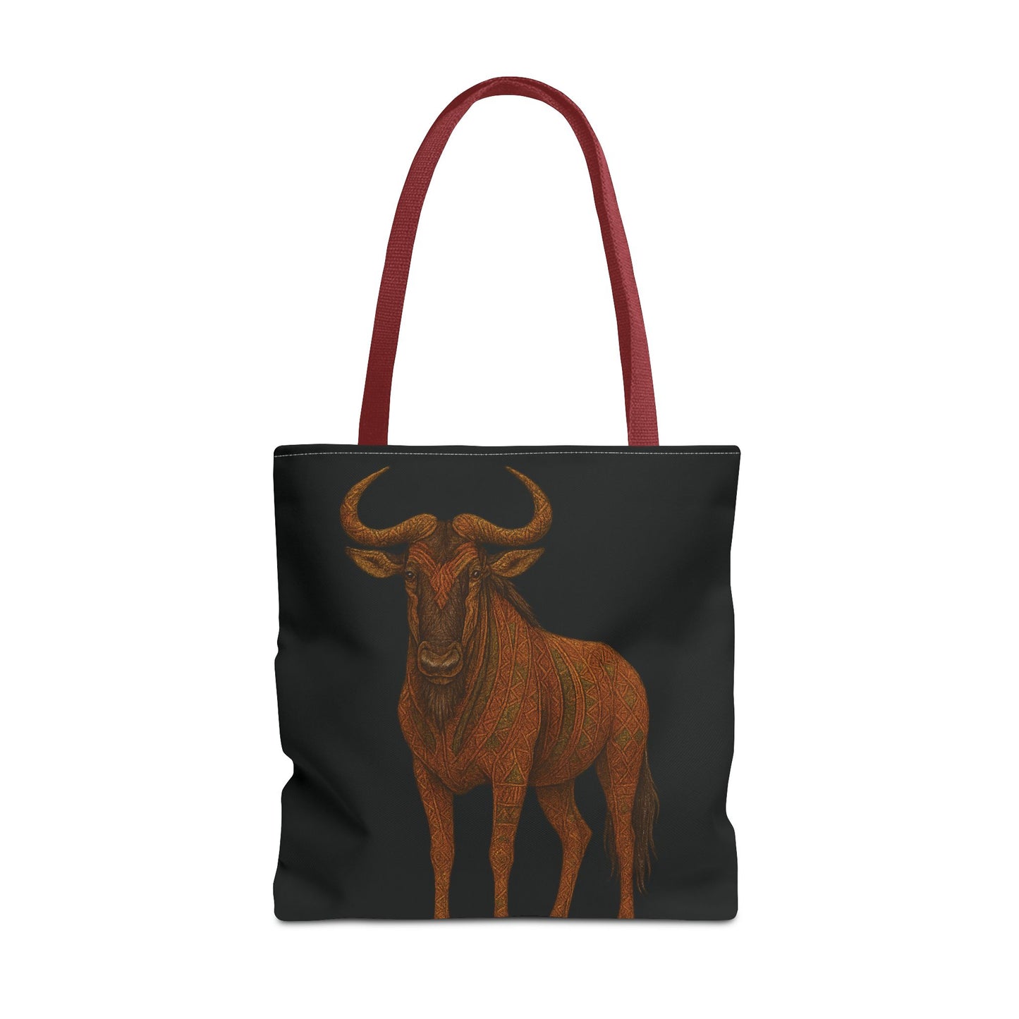 Mashafrica tote bag black with red handles and detailed orange wildebeest illustration for everyday use