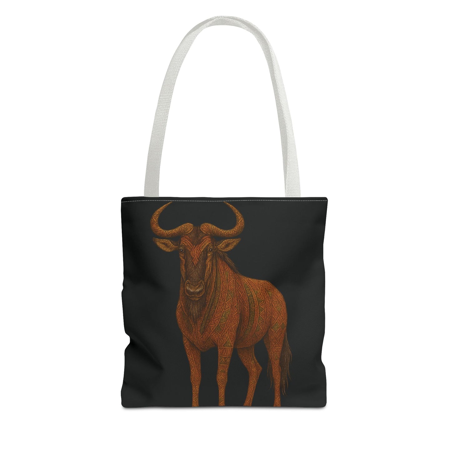 Mashafrica black tote bag with white handles featuring detailed orange wildebeest illustration on front