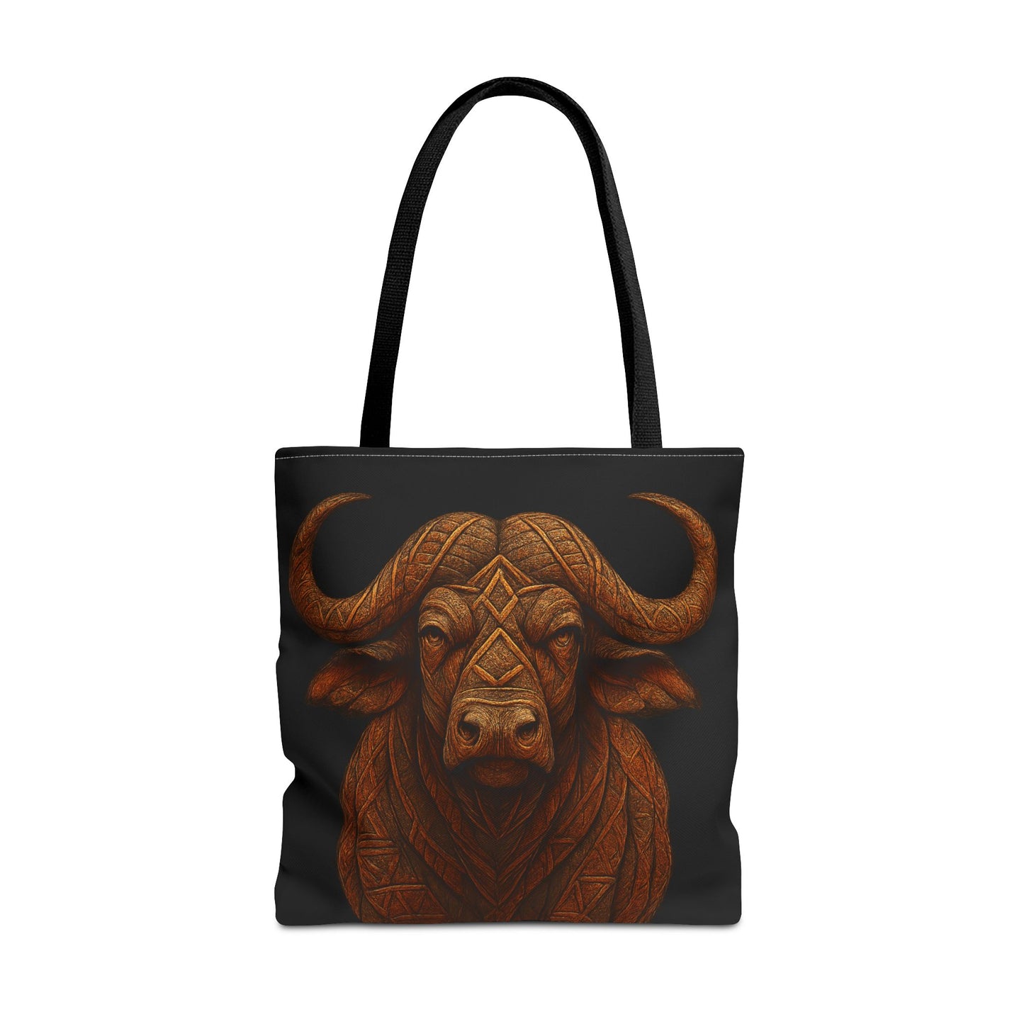 Mashafrica black tote bag with orange tribal buffalo head illustration and long shoulder straps