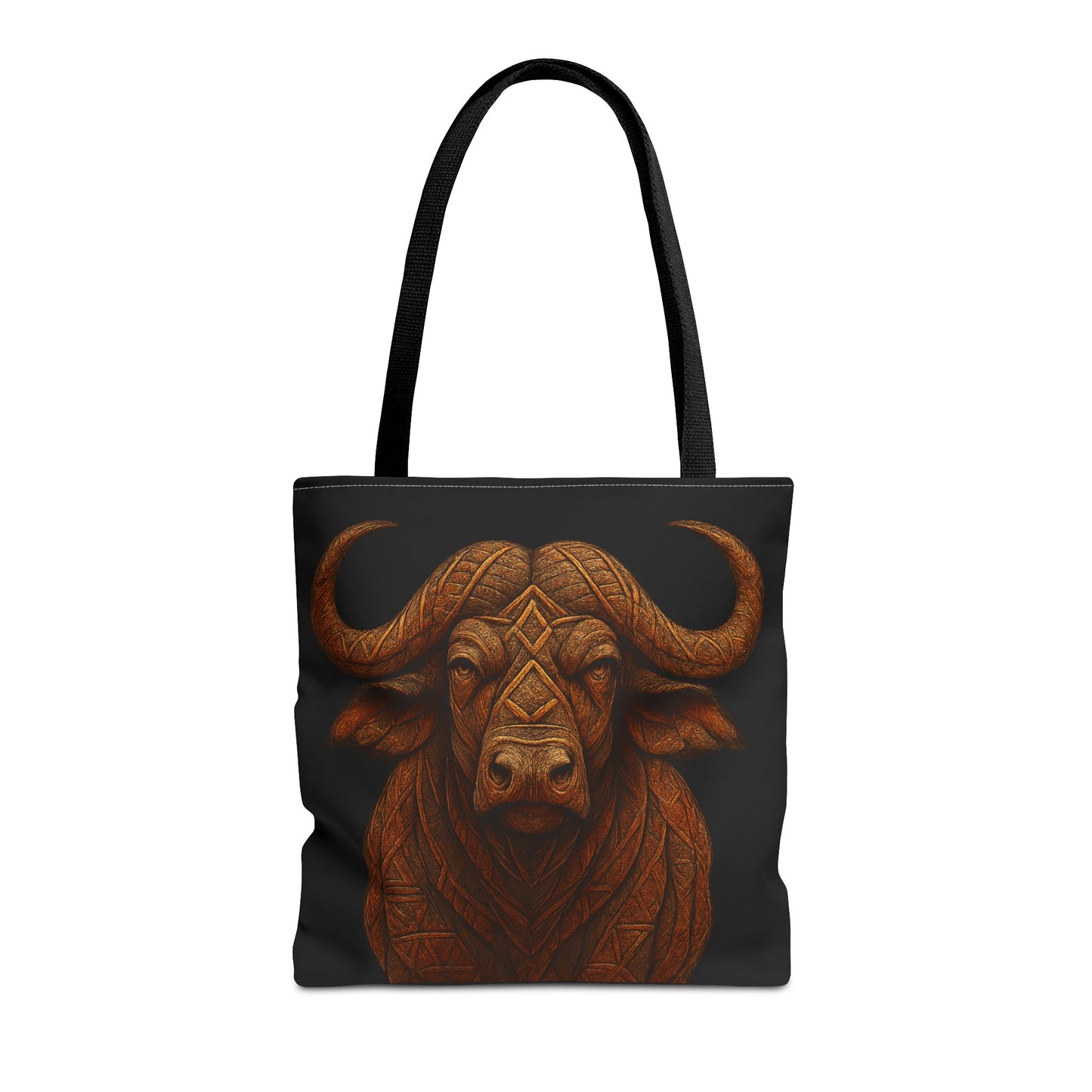 Mashafrica black canvas tote bag with detailed carved buffalo artwork in warm brown tribal geometric pattern and long black straps