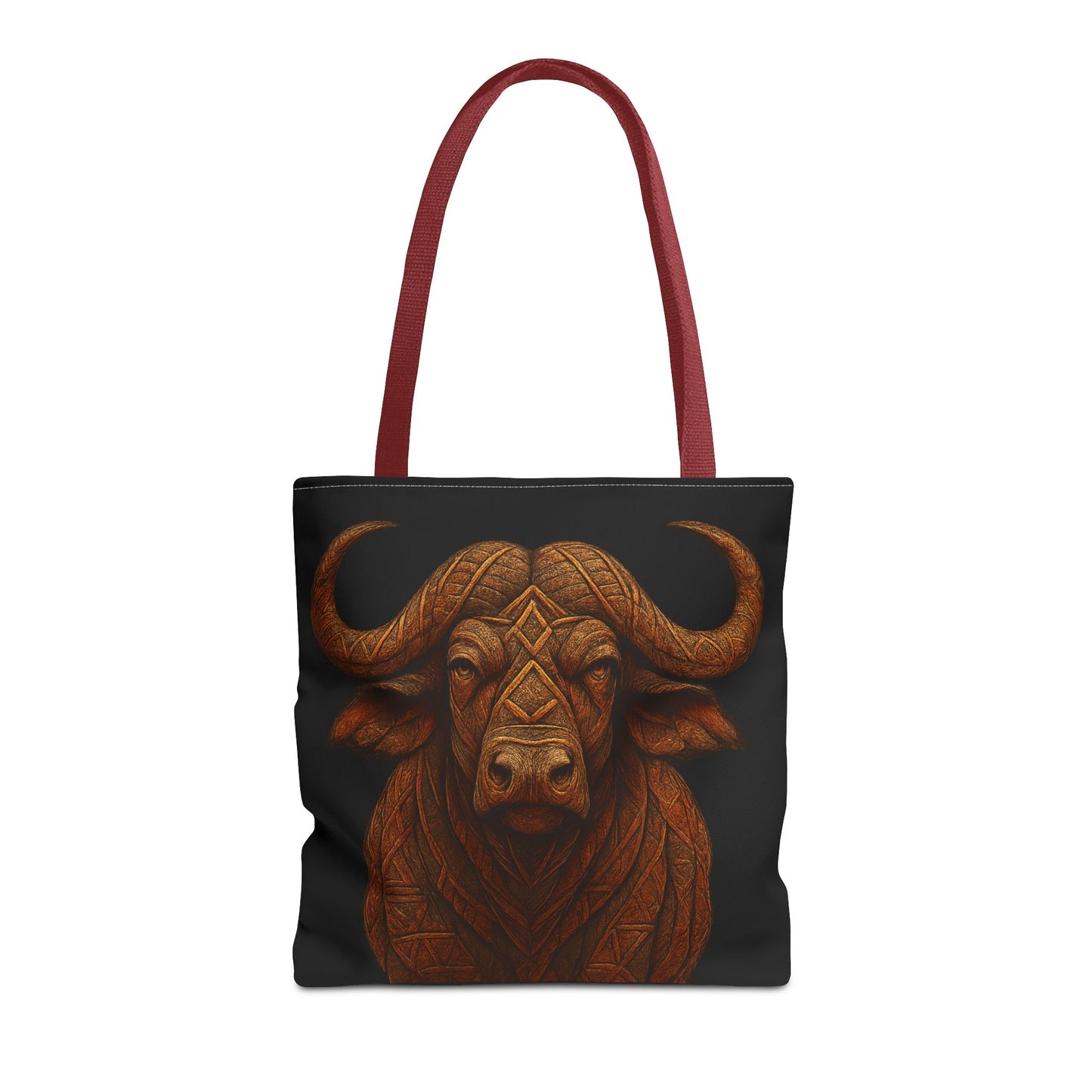 Mashafrica tote bag with carved brown buffalo head print on black fabric and red shoulder straps