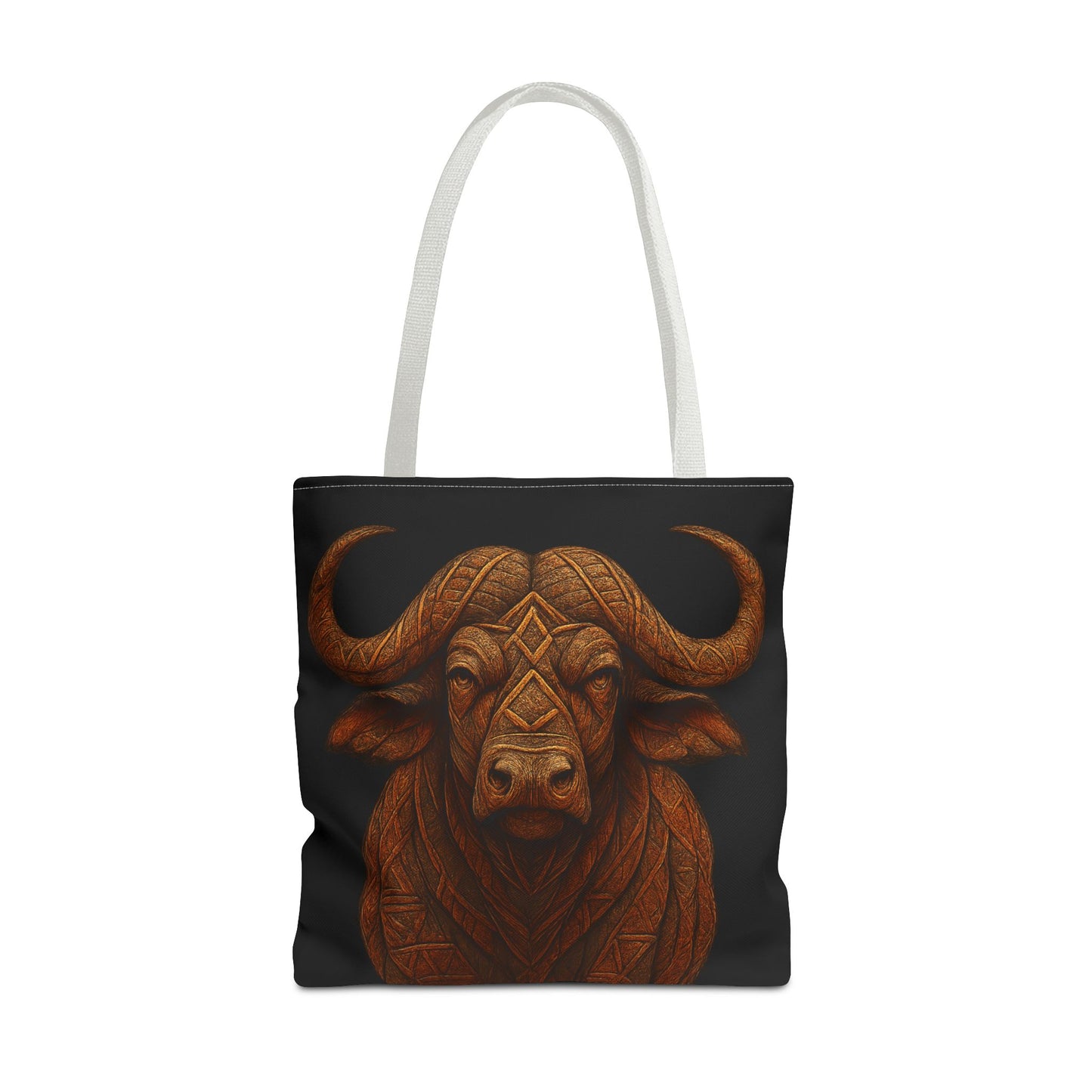 Mashafrica tote bag with carved wood style buffalo design on black canvas and white handles
