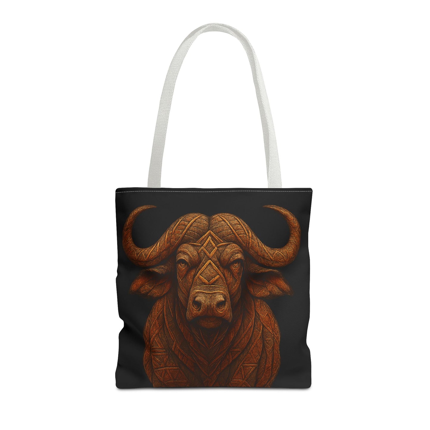 Mashafrica tote bag black with orange carved buffalo head design and white straps