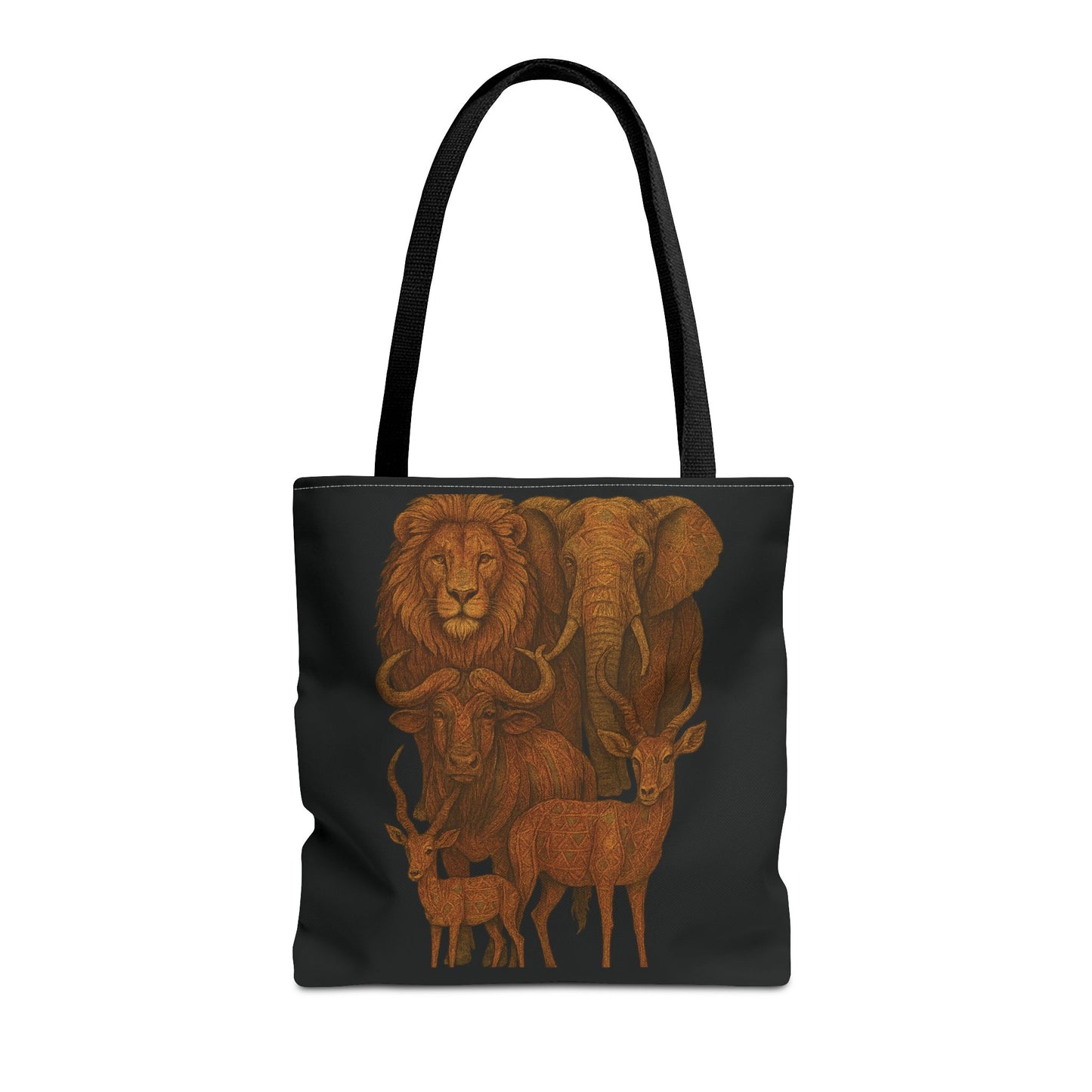 Mashafrica tote bag black with detailed brown illustration of lion elephant buffalo and antelopes