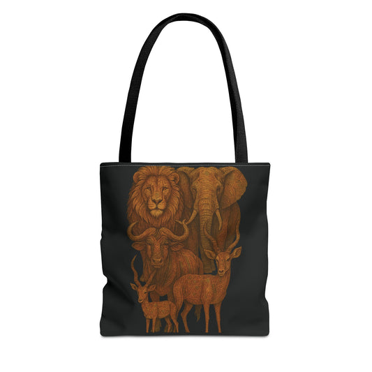 Mashafrica black tote bag featuring detailed brown illustrations of lion elephant buffalo and antelope
