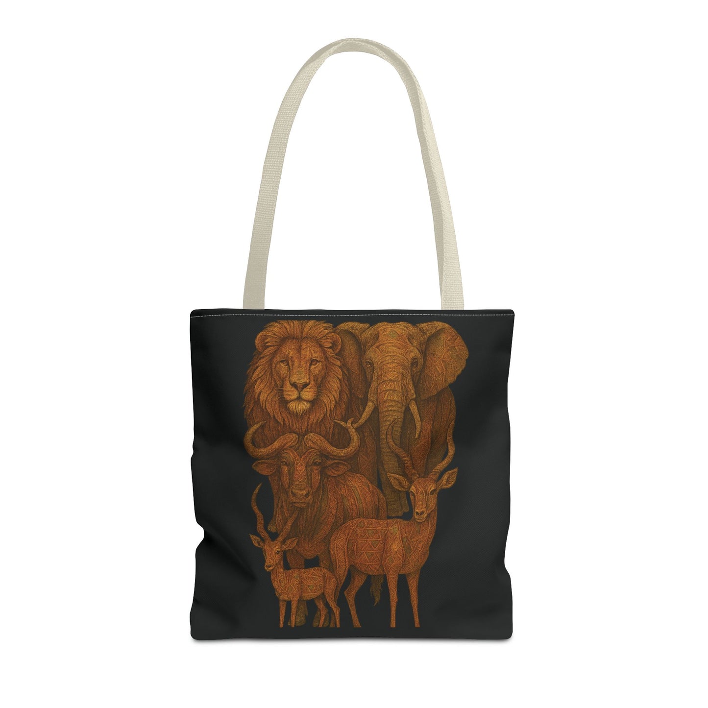 Mashafrica tote bag black canvas with cream straps featuring detailed orange wildlife illustration lion elephant antelope
