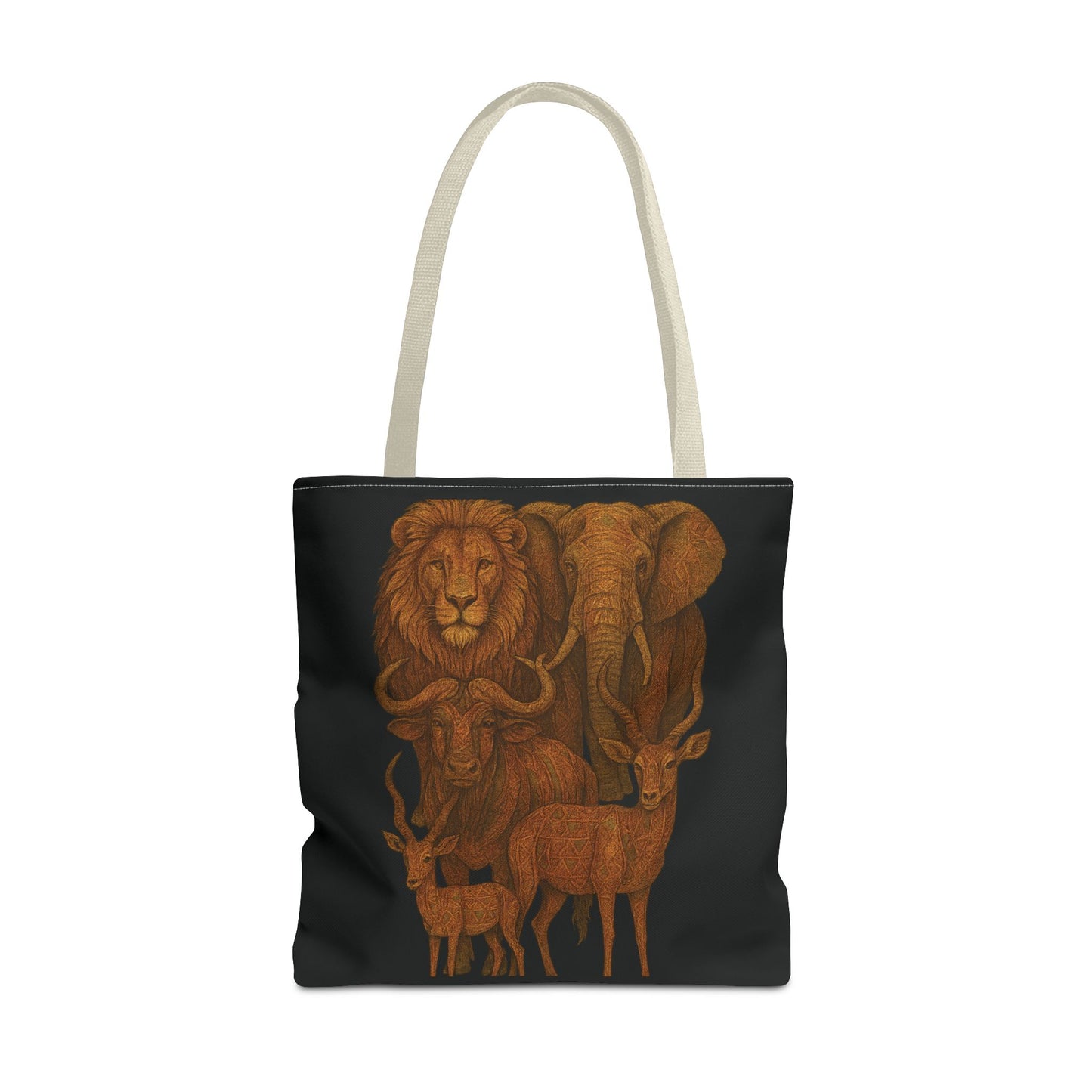Mashafrica tote bag featuring orange brown illustrated African animals on black canvas with cream handles