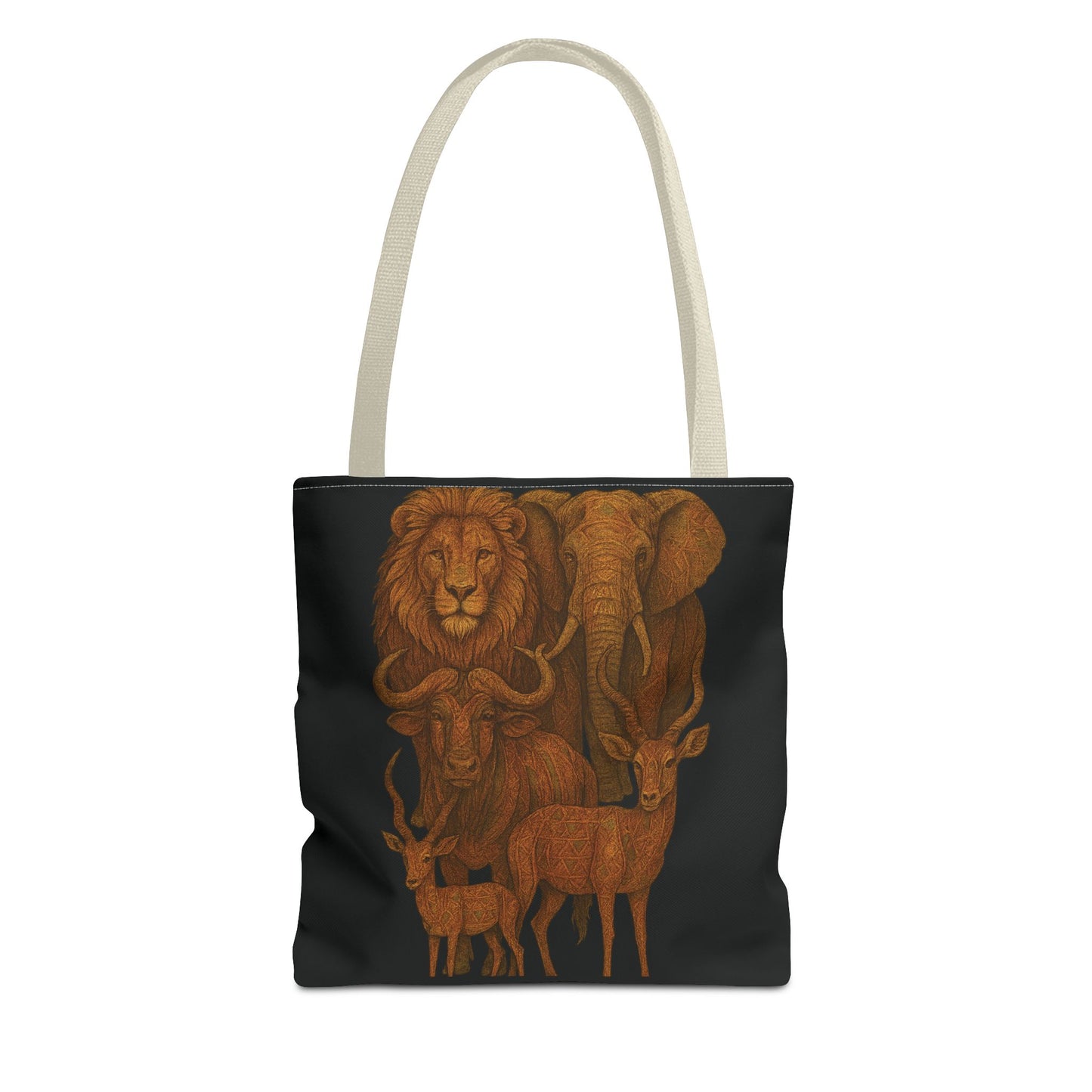 Mashafrica black tote bag with cream straps featuring rust orange illustrated lion elephant buffalo and antelopes