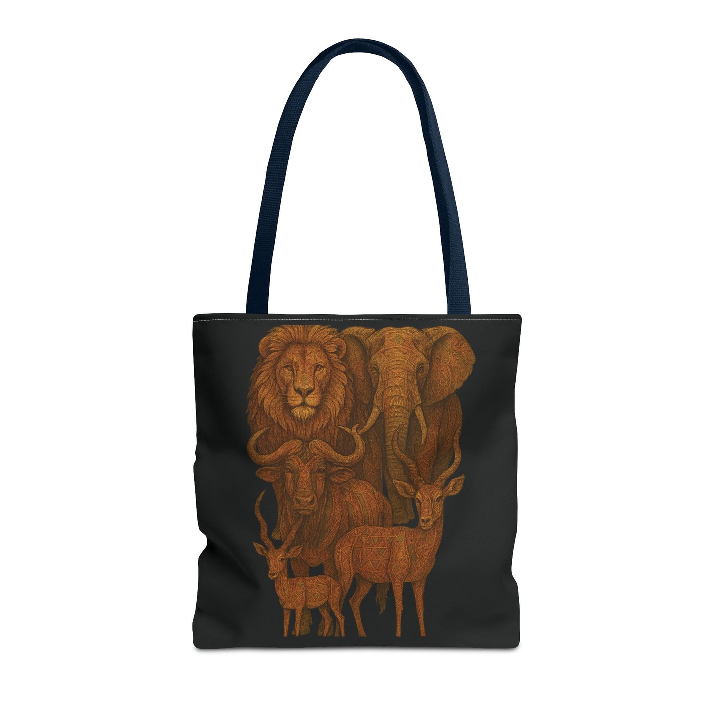 Mashafrica black tote bag with straps featuring orange brown African wildlife illustration lion elephant buffalo and antelopes