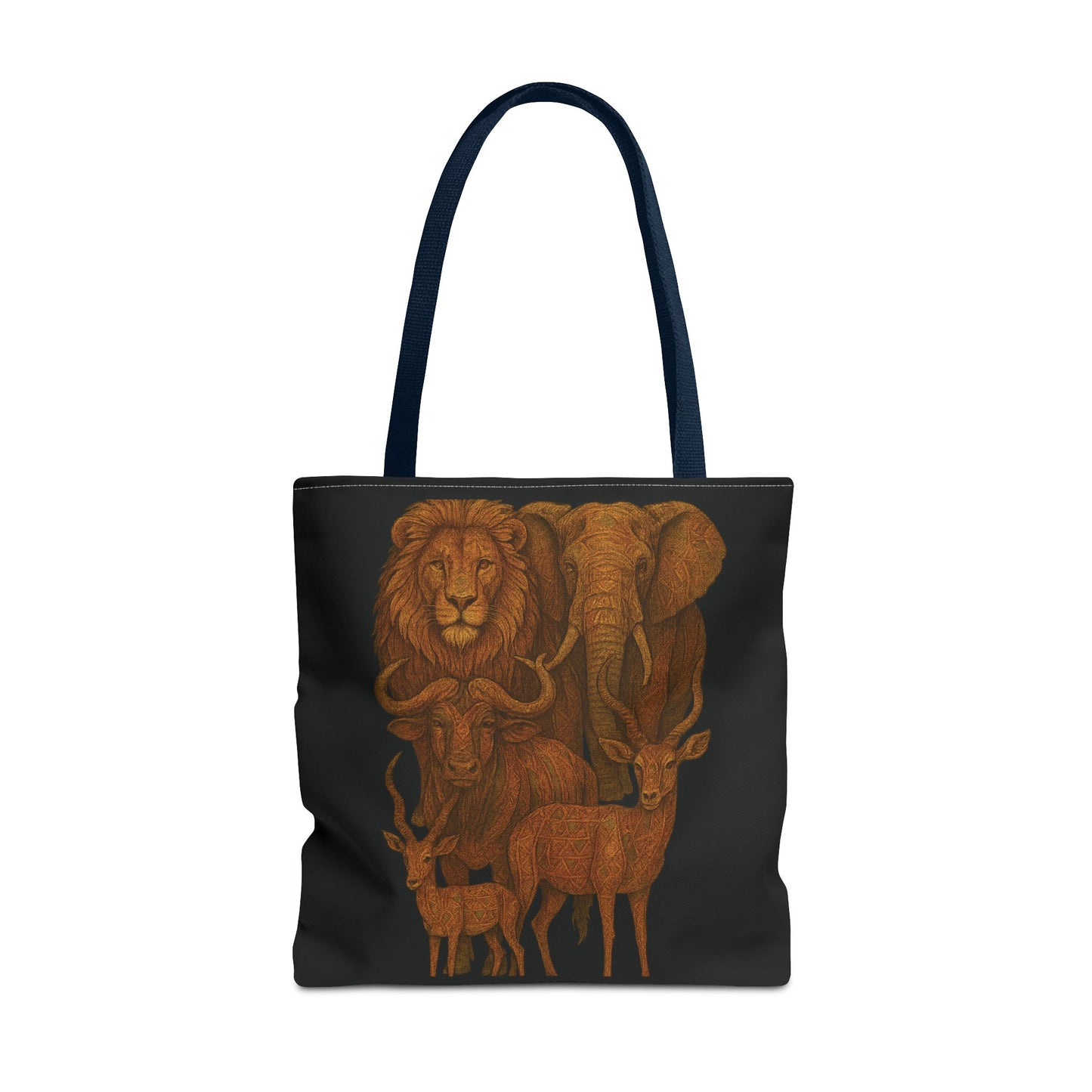 Mashafrica tote bag black canvas with orange wildlife illustration featuring lion elephant buffalo and antelopes