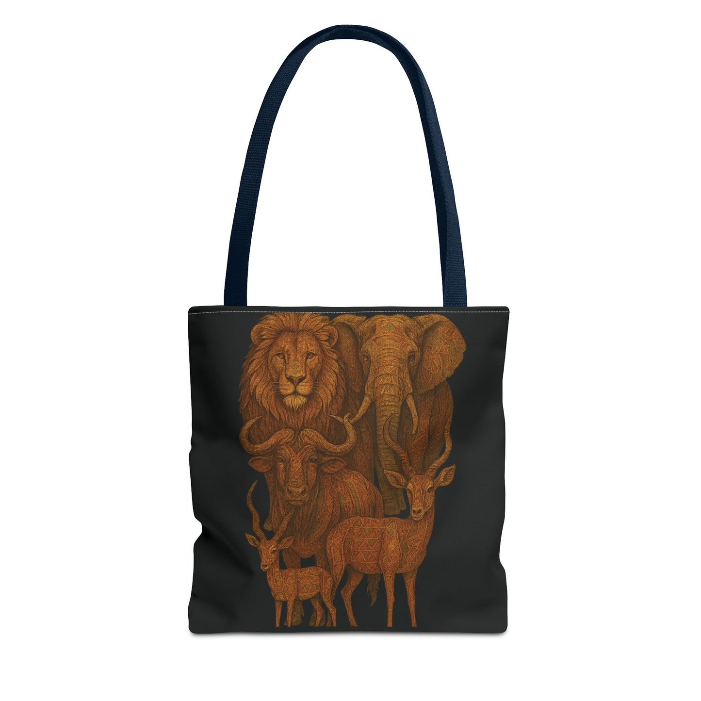 Mashafrica black tote bag with detailed brown African wildlife illustration of lion elephant and antelopes