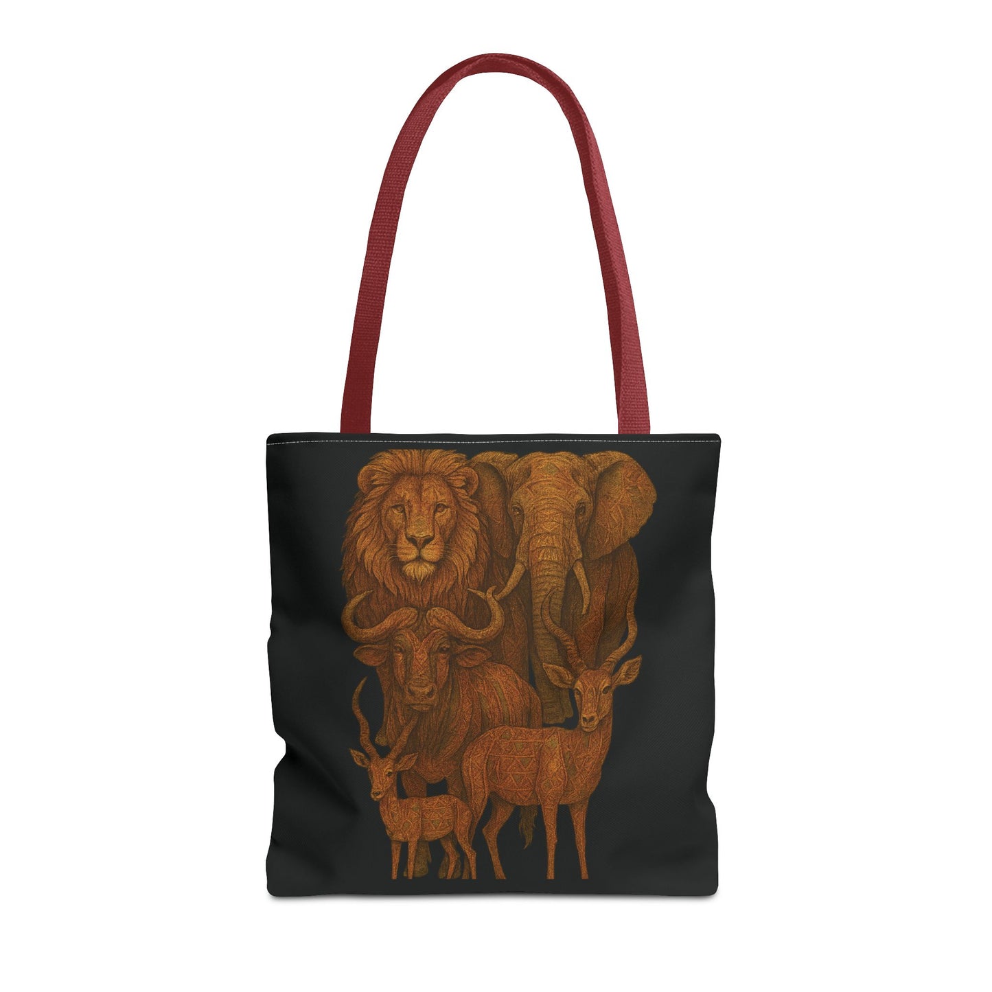Mashafrica black tote bag with rust orange African wildlife print featuring lion elephant buffalo and antelopes and red straps