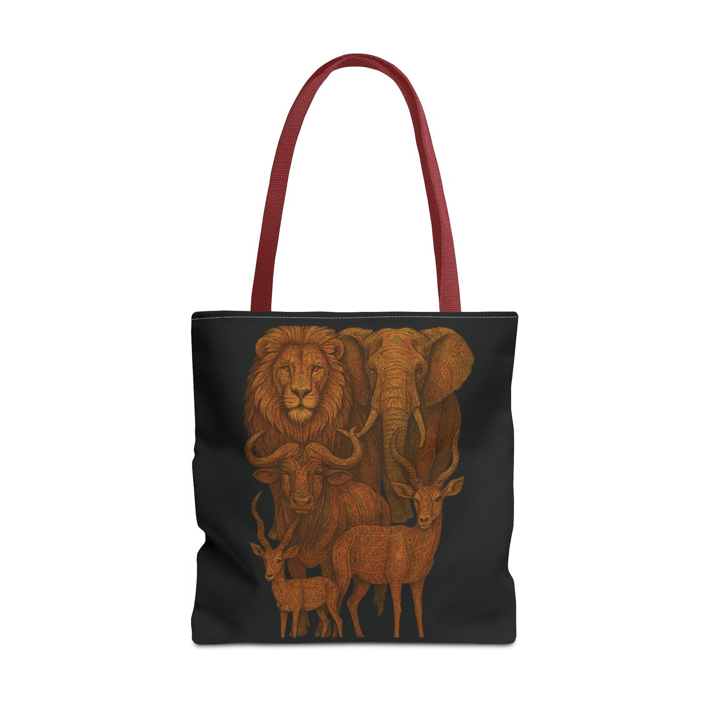 Mashafrica black tote bag with red handles featuring detailed orange safari animal illustration of lion elephant and antelopes