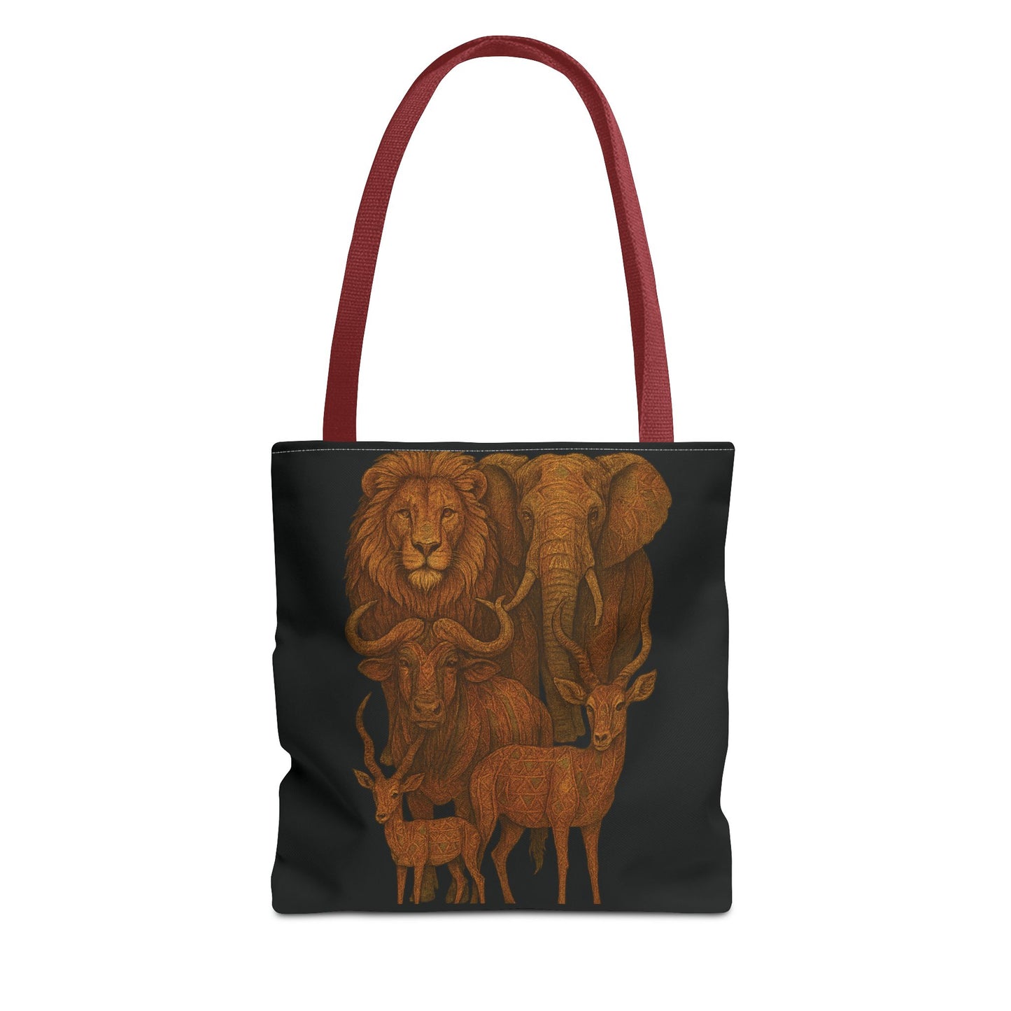 Mashafrica black tote bag with red straps featuring detailed brown safari animals illustration