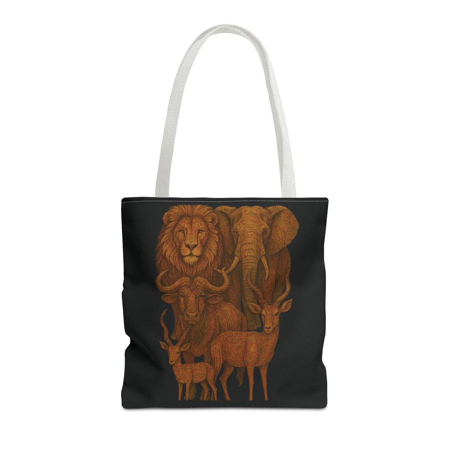 Mashafrica black tote bag with orange African wildlife illustration featuring lion elephant and antelope