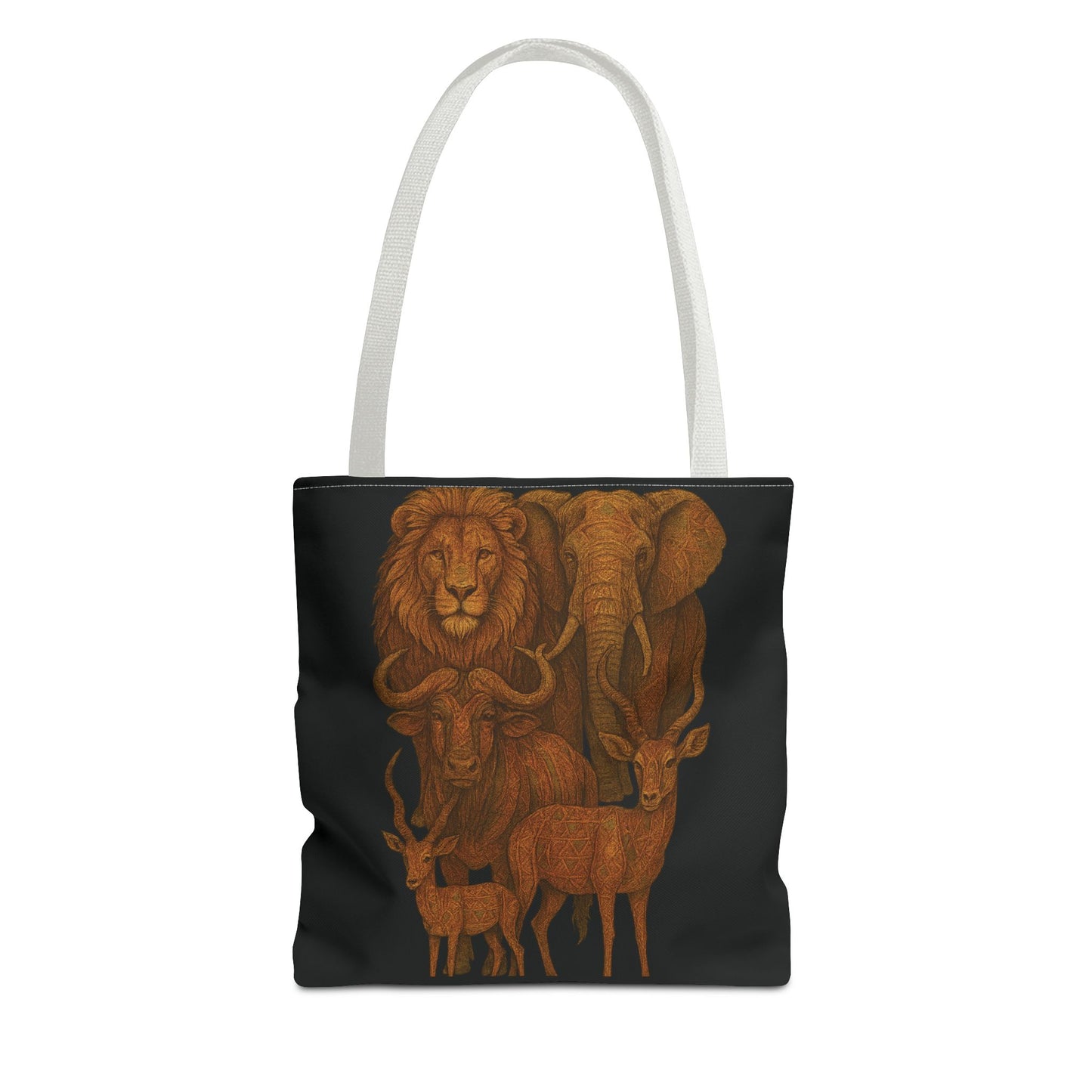 Mashafrica black tote bag with white handles featuring orange illustrated African animals lion elephant and antelopes