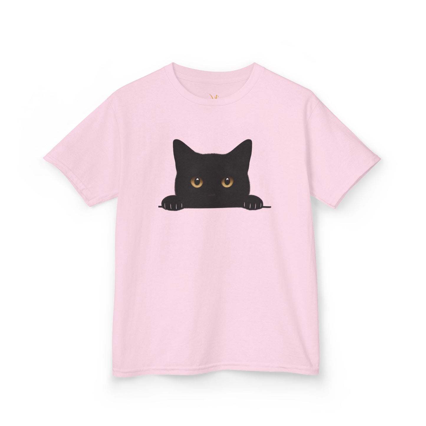 Mashafrica kids pink t shirt with peeky cat black cat graphic peeking over edge with yellow eyes