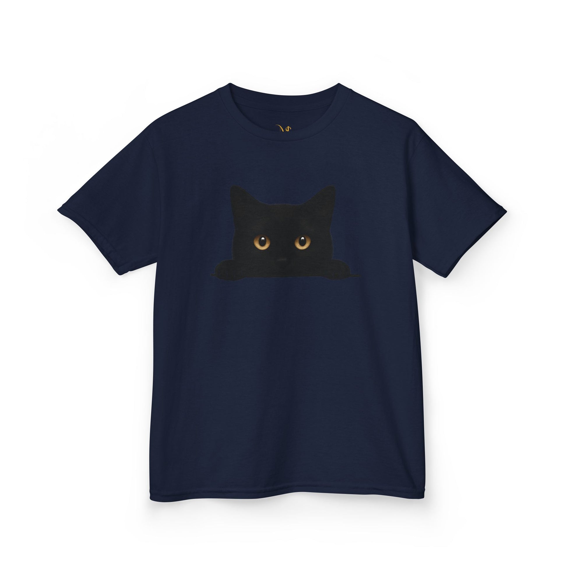 Mashafrica kids navy t shirt with peeky cat graphic of black kitten peeking with amber eyes