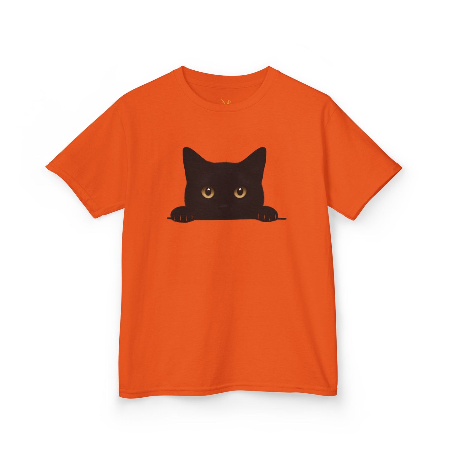 Mashafrica kids orange t shirt with peeky cat black cat peeking graphic playful design for children