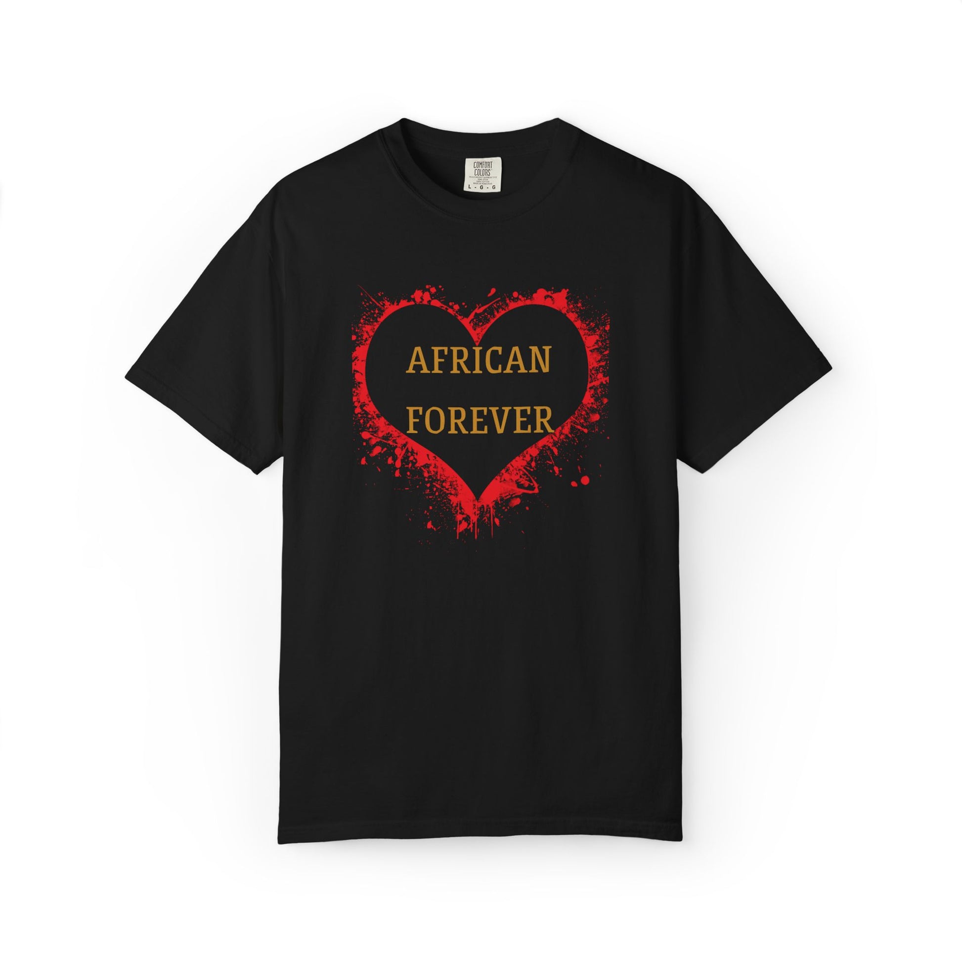 Mashafrica black T shirt with red heart graphic and gold AFRICAN FOREVER text on front african pride tee