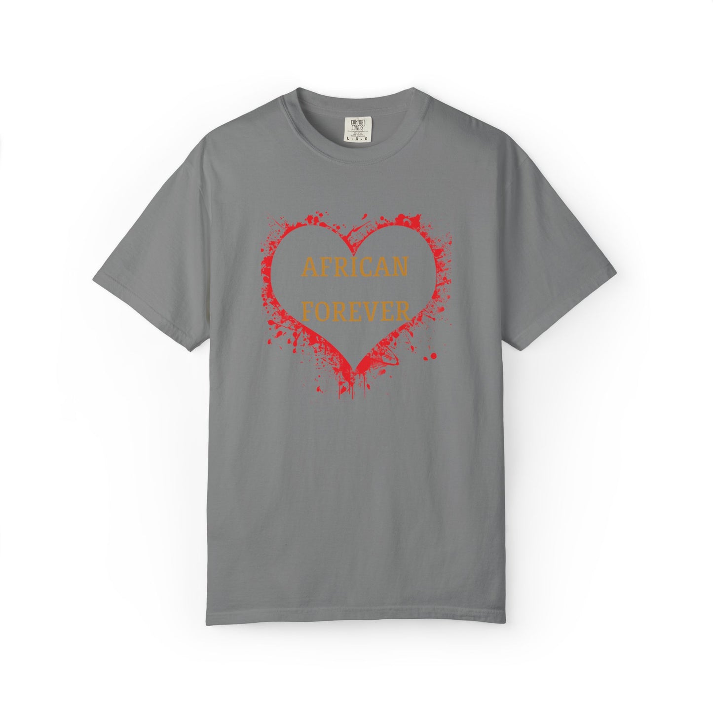 Mashafrica gray T shirt featuring red splatter heart and gold AFRICAN FOREVER text graphic african pride casual tee